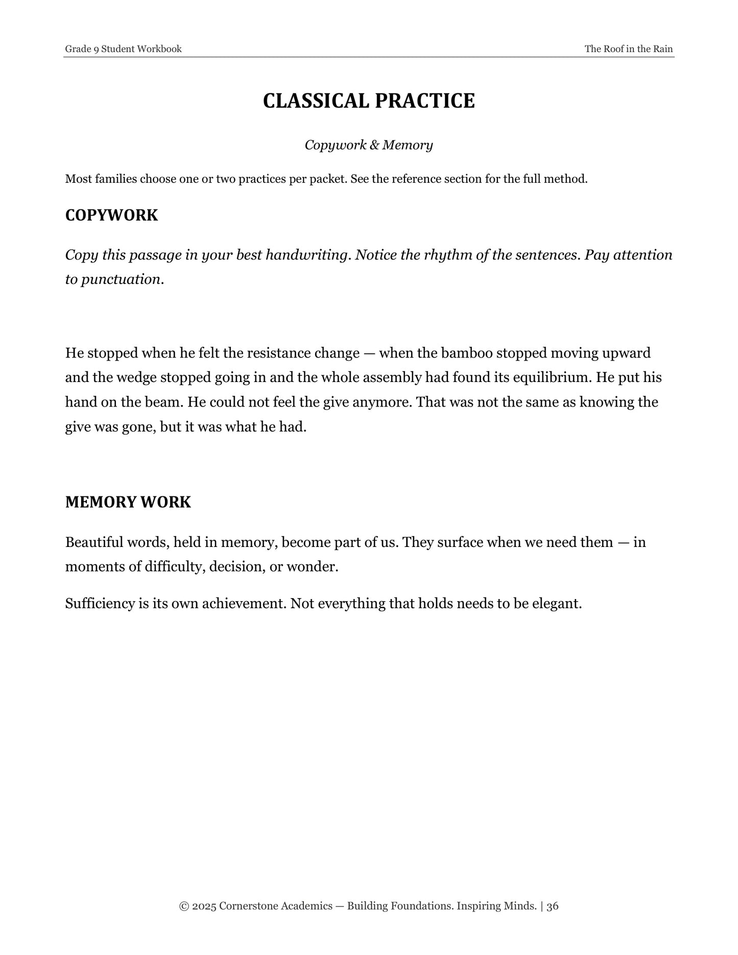 The Roof in the Rain | Grade 9 Classical Literature Packet | Cornerstone Academics