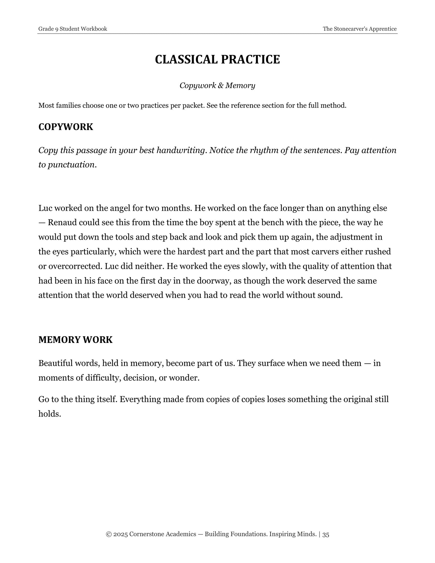 The Stonecarver's Apprentice | Grade 9 Classical Literature Packet | Cornerstone Academics