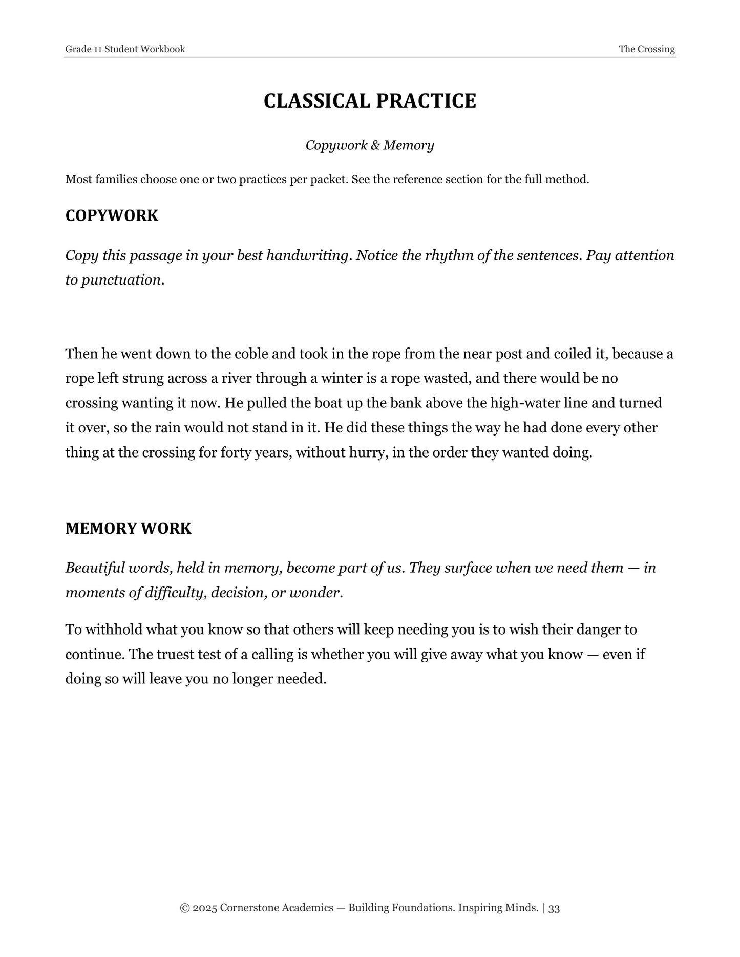 The Crossing | Grade 11 Classical Literature Packet | Cornerstone Academics