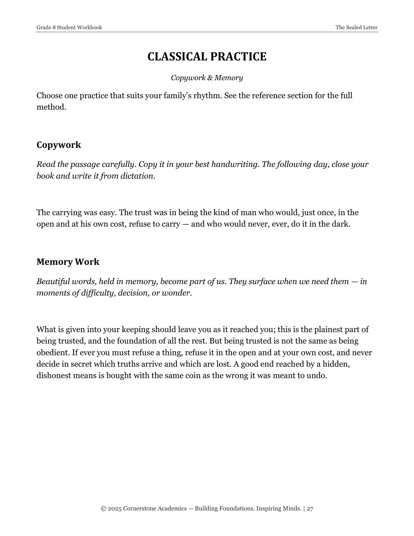 The Sealed Letter | Grade 8 Classical Literature Packet | Cornerstone Academics