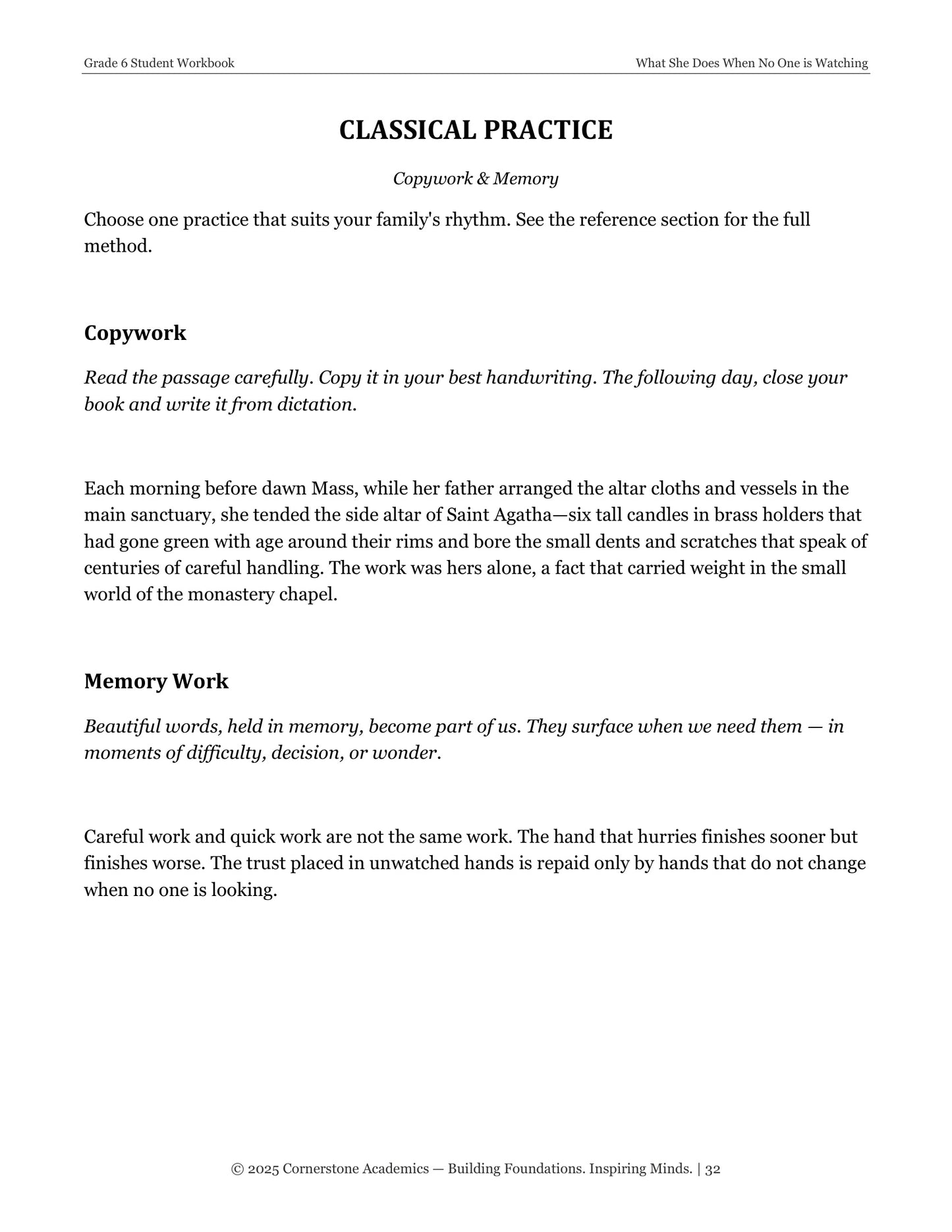 What She Does When No One Is Watching | Grade 6 Classical Literature Packet | Cornerstone Academics