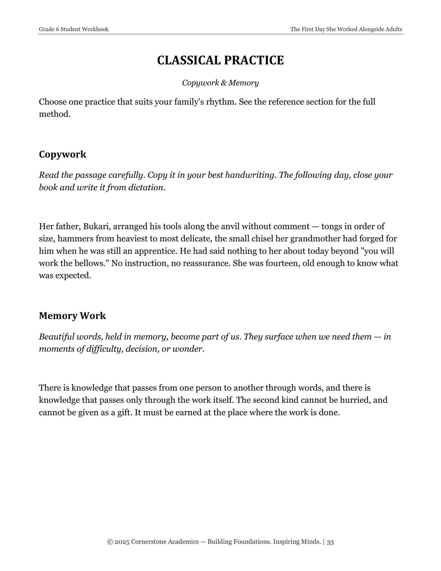The First Day She Worked Alongside Adults | Grade 6 Classical Literature Packet | Cornerstone Academics