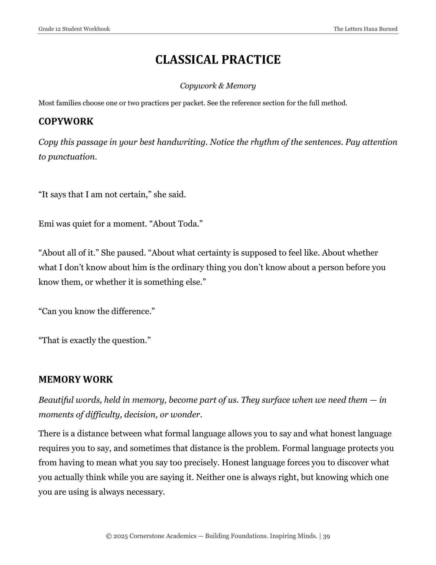 The Letters Hana Burned | Grade 12 Classical Literature Packet | Cornerstone Academics