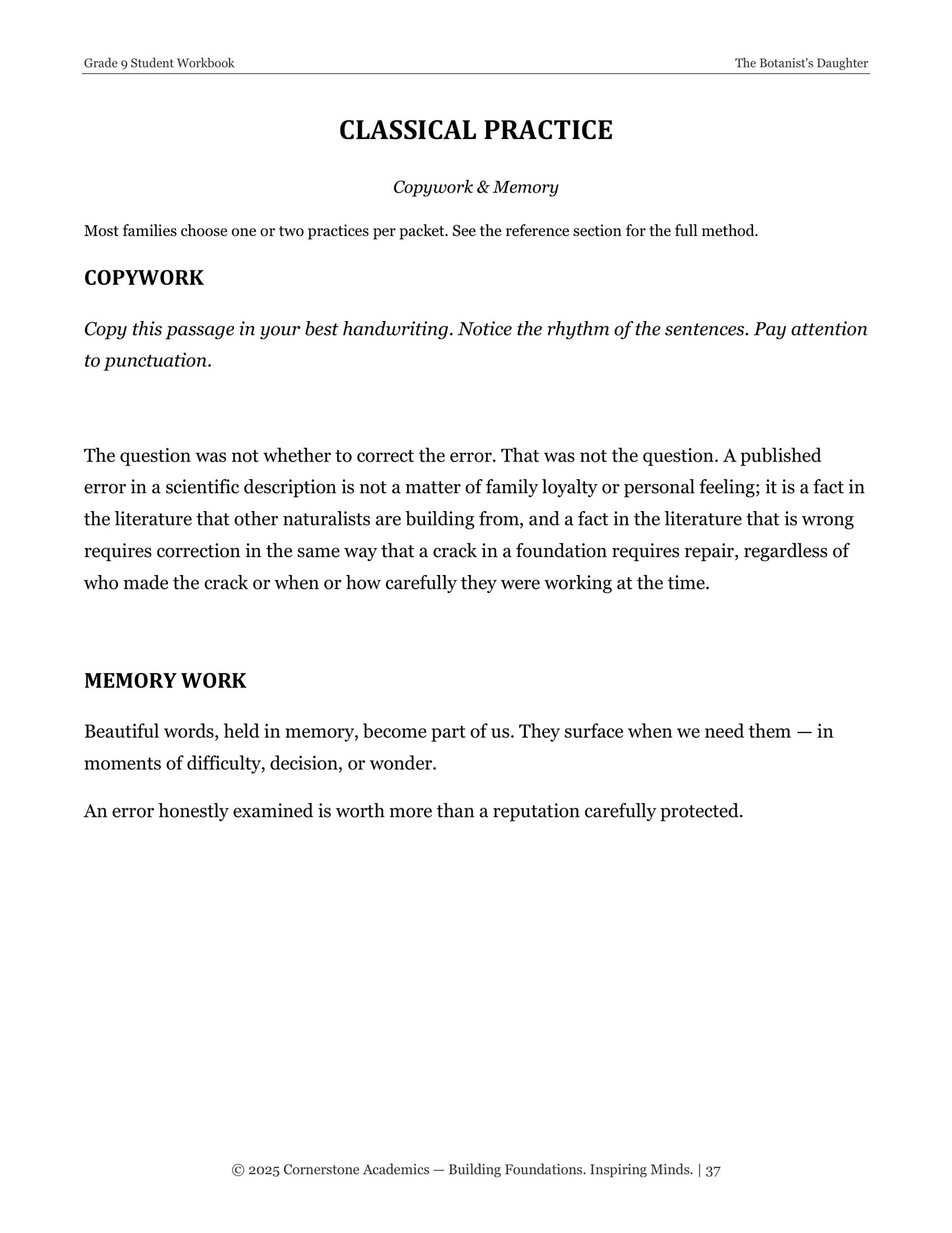The Botanist's Daughter | Grade 9 Classical Literature Packet | Cornerstone Academics