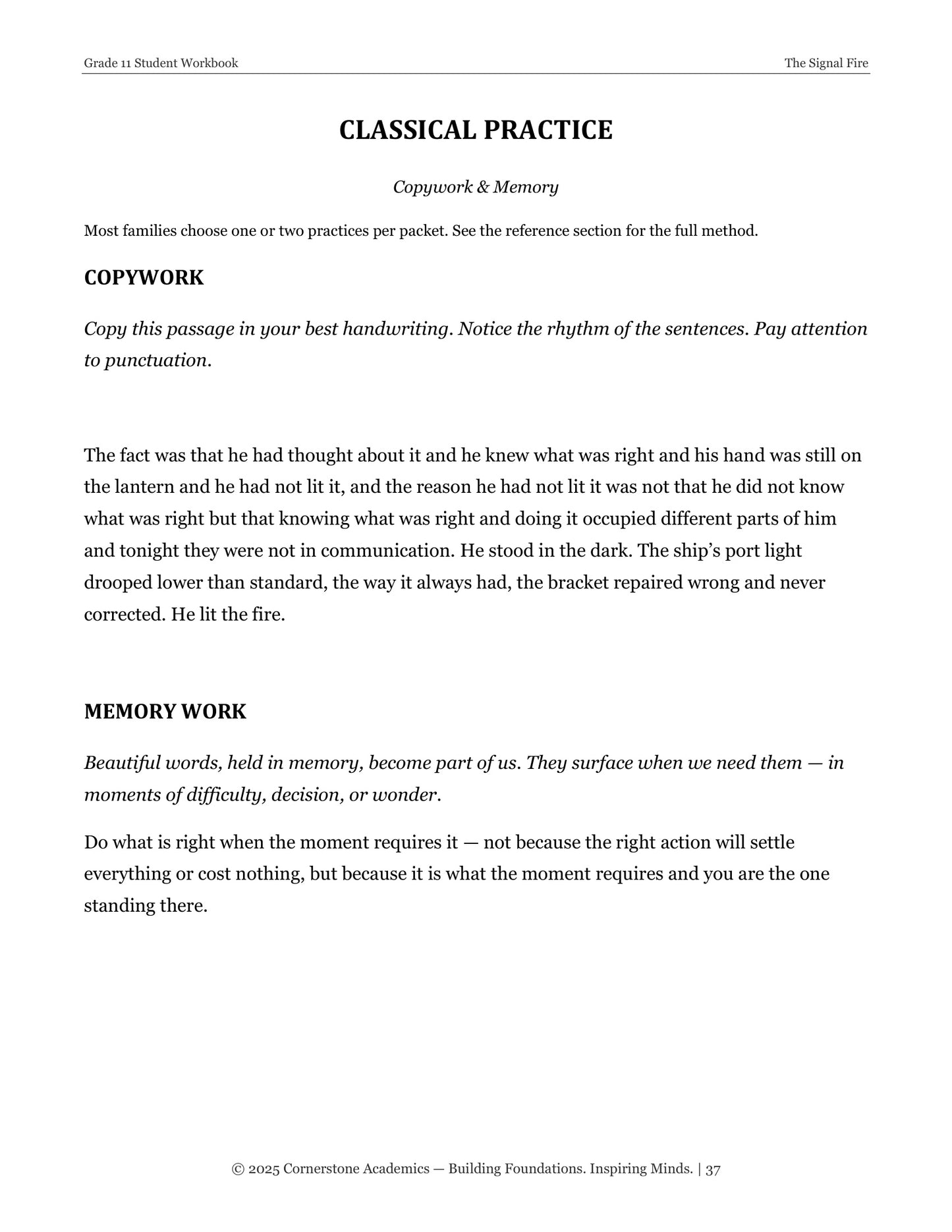The Signal Fire | Grade 11 Classical Literature Packet | Cornerstone Academics