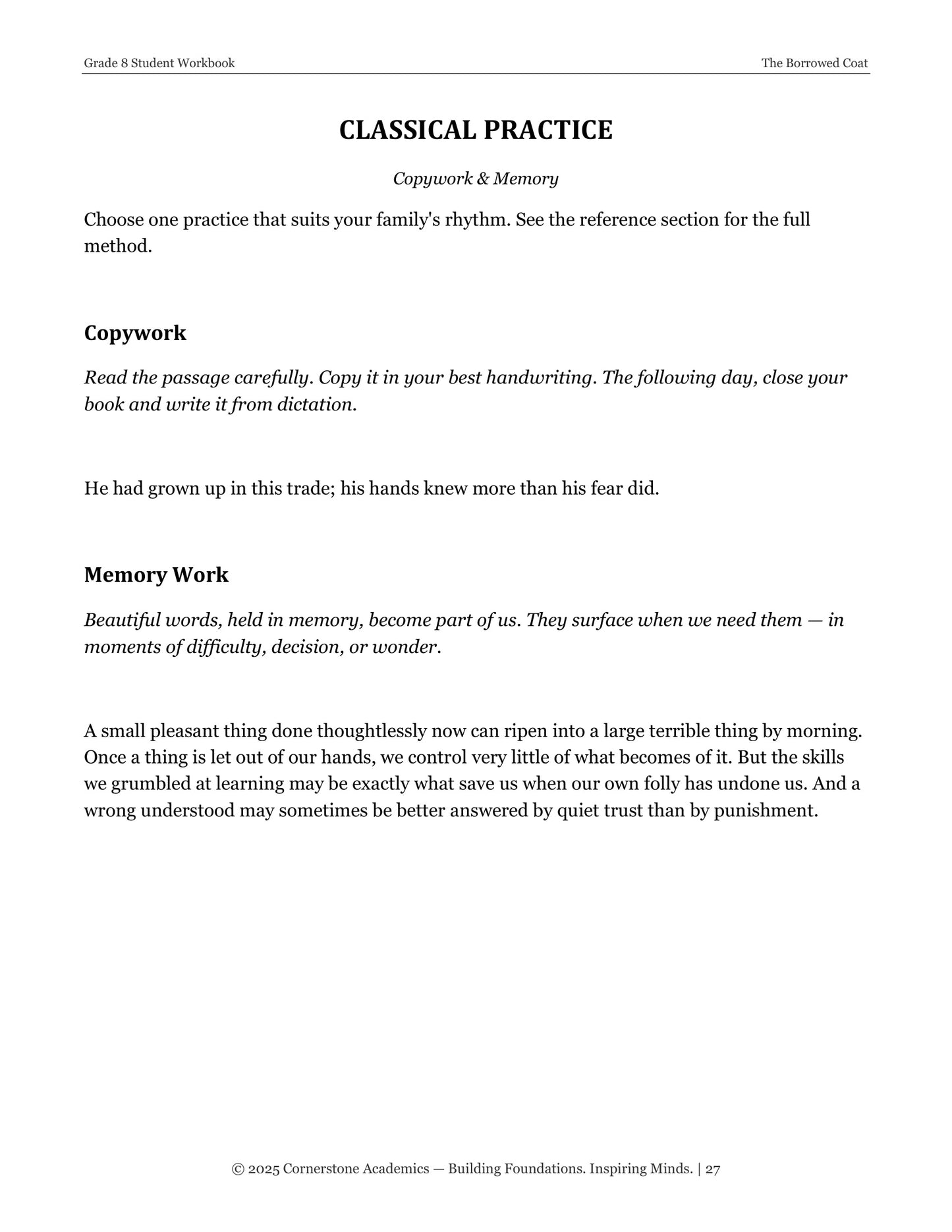 The Borrowed Coat | Grade 8 Classical Literature Packet | Cornerstone Academics
