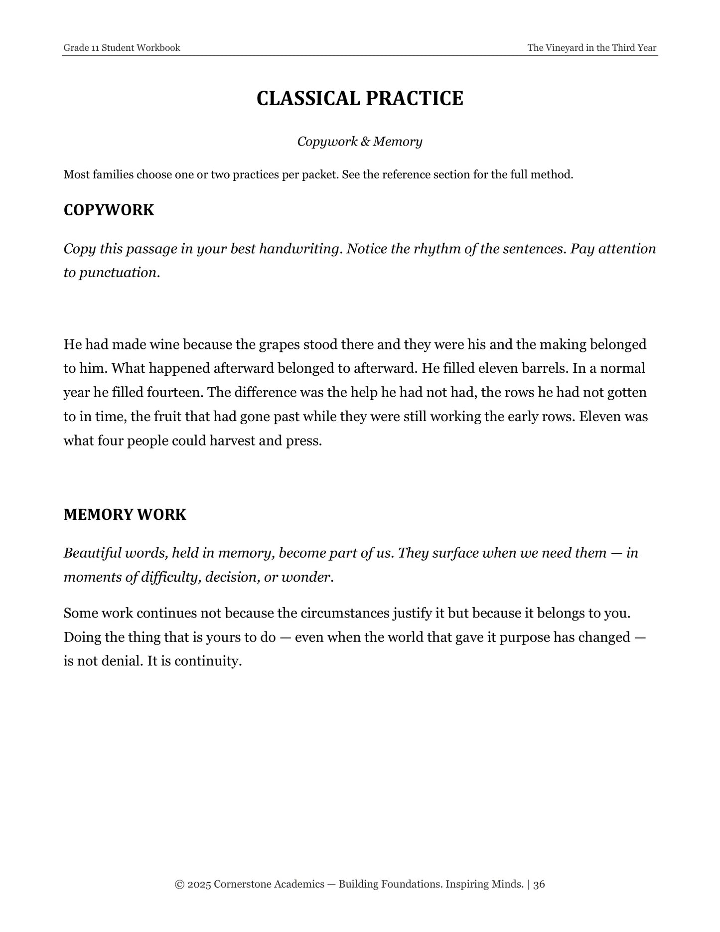 The Vineyard in the Third Year | Grade 11 Classical Literature Packet | Cornerstone Academics