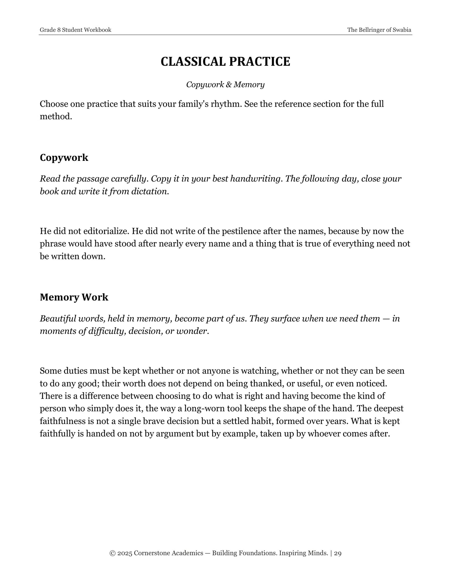 The Bellringer of Swabia | Grade 8 Classical Literature Packet | Cornerstone Academics