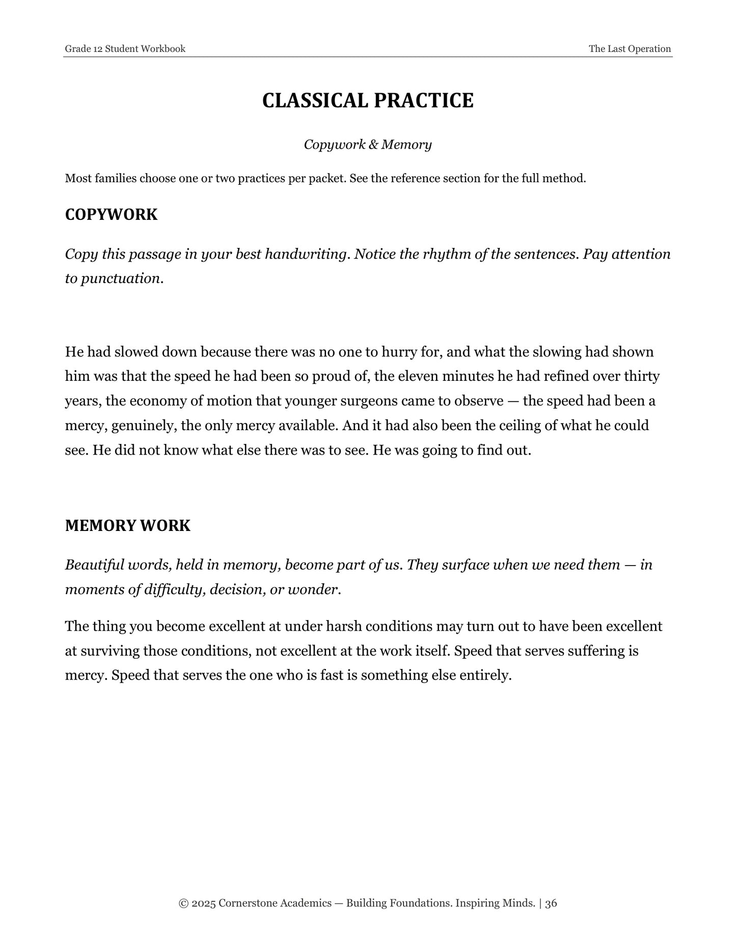 The Last Operation | Grade 12 Classical Literature Packet | Cornerstone Academics