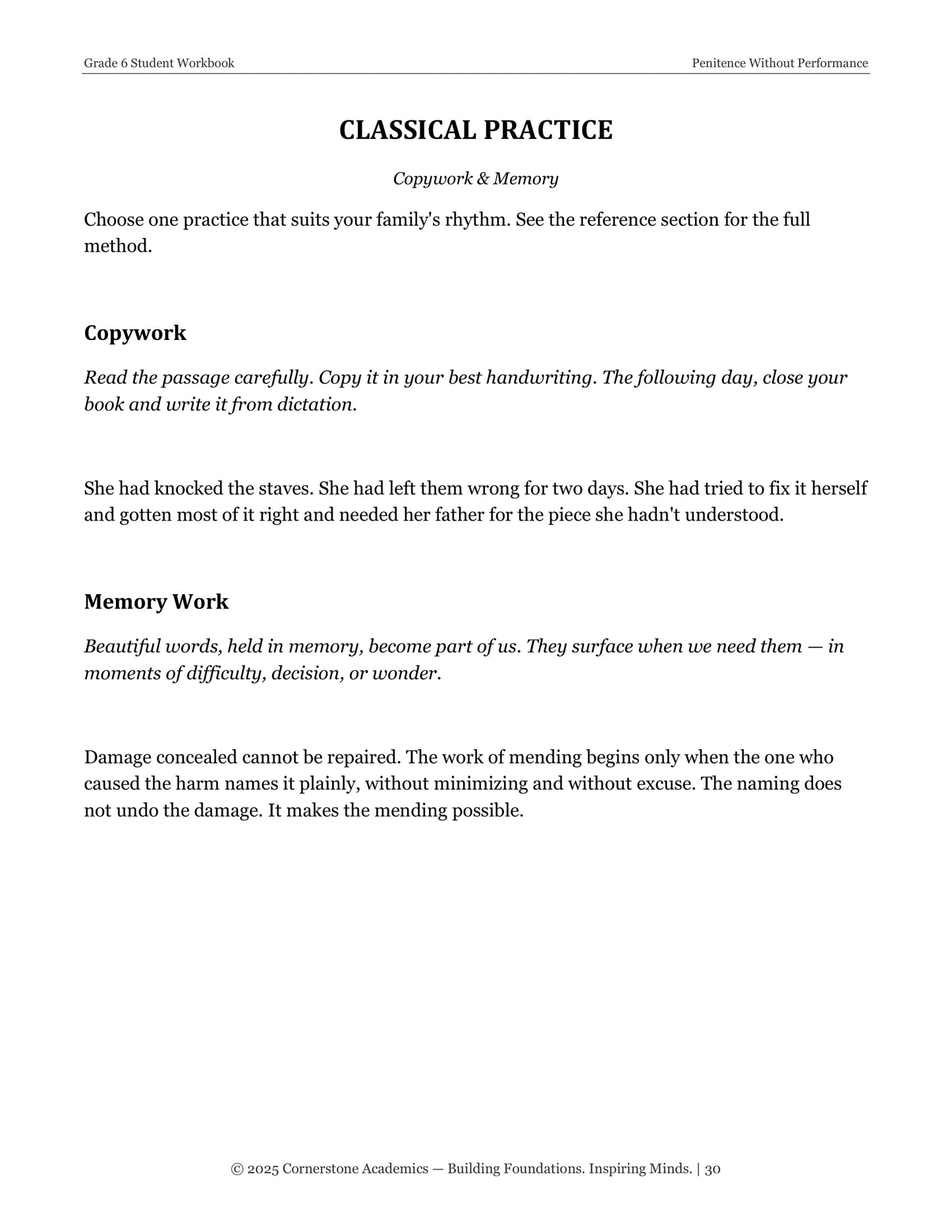 Penitence Without Performance | Grade 6 Classical Literature Packet | Cornerstone Academics