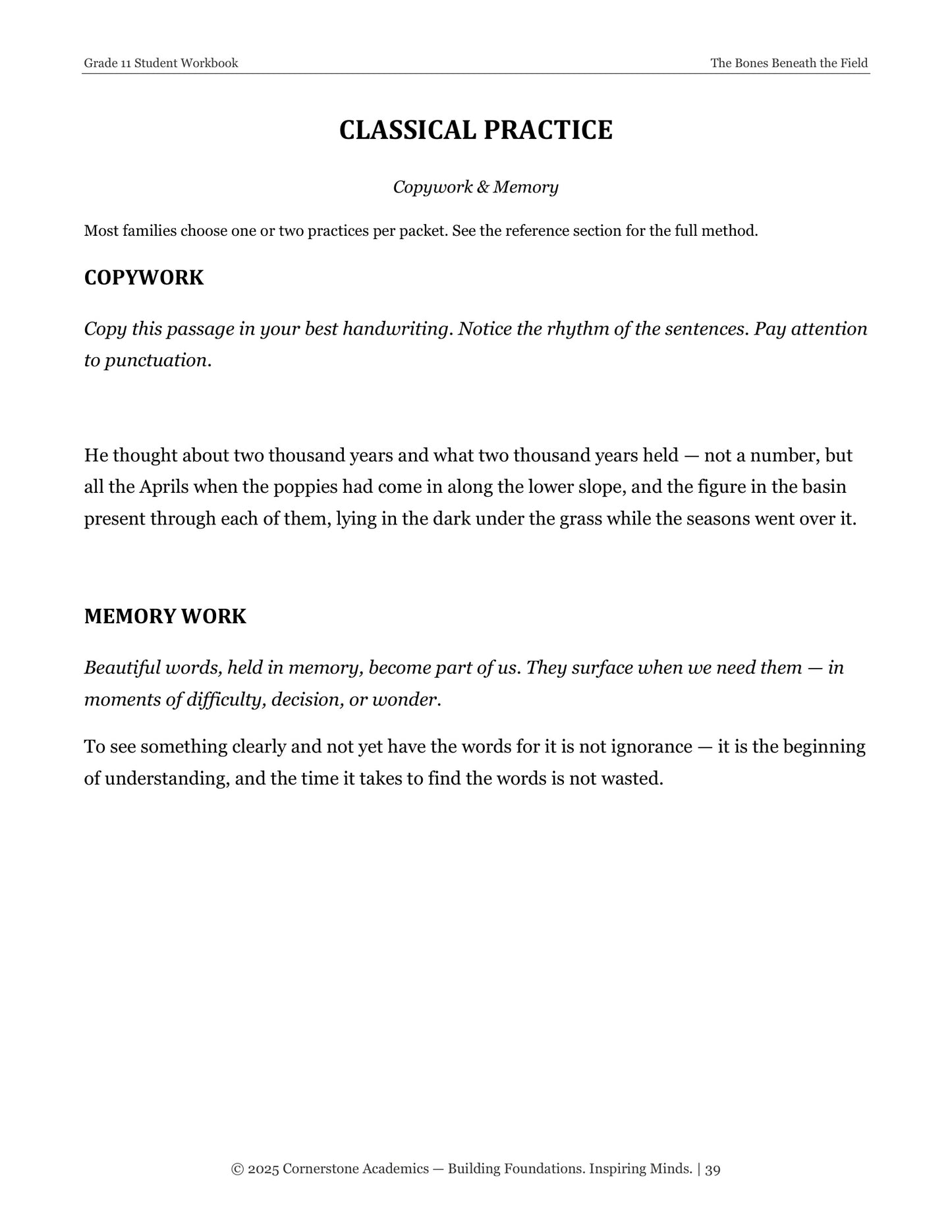 The Bones Beneath the Field | Grade 11 Classical Literature Packet | Cornerstone Academics
