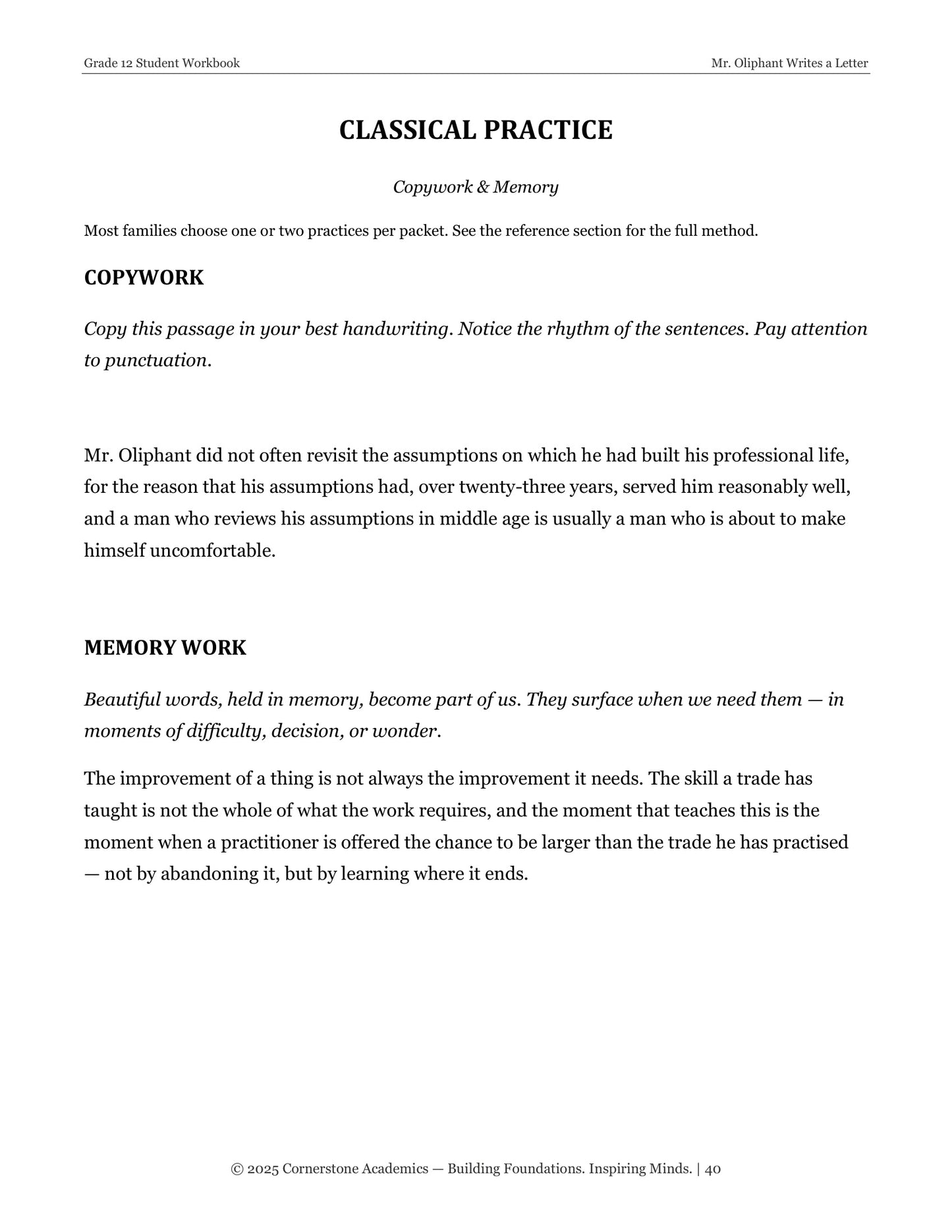 Mr. Oliphant Writes a Letter | Grade 12 Classical Literature Packet | Cornerstone Academics