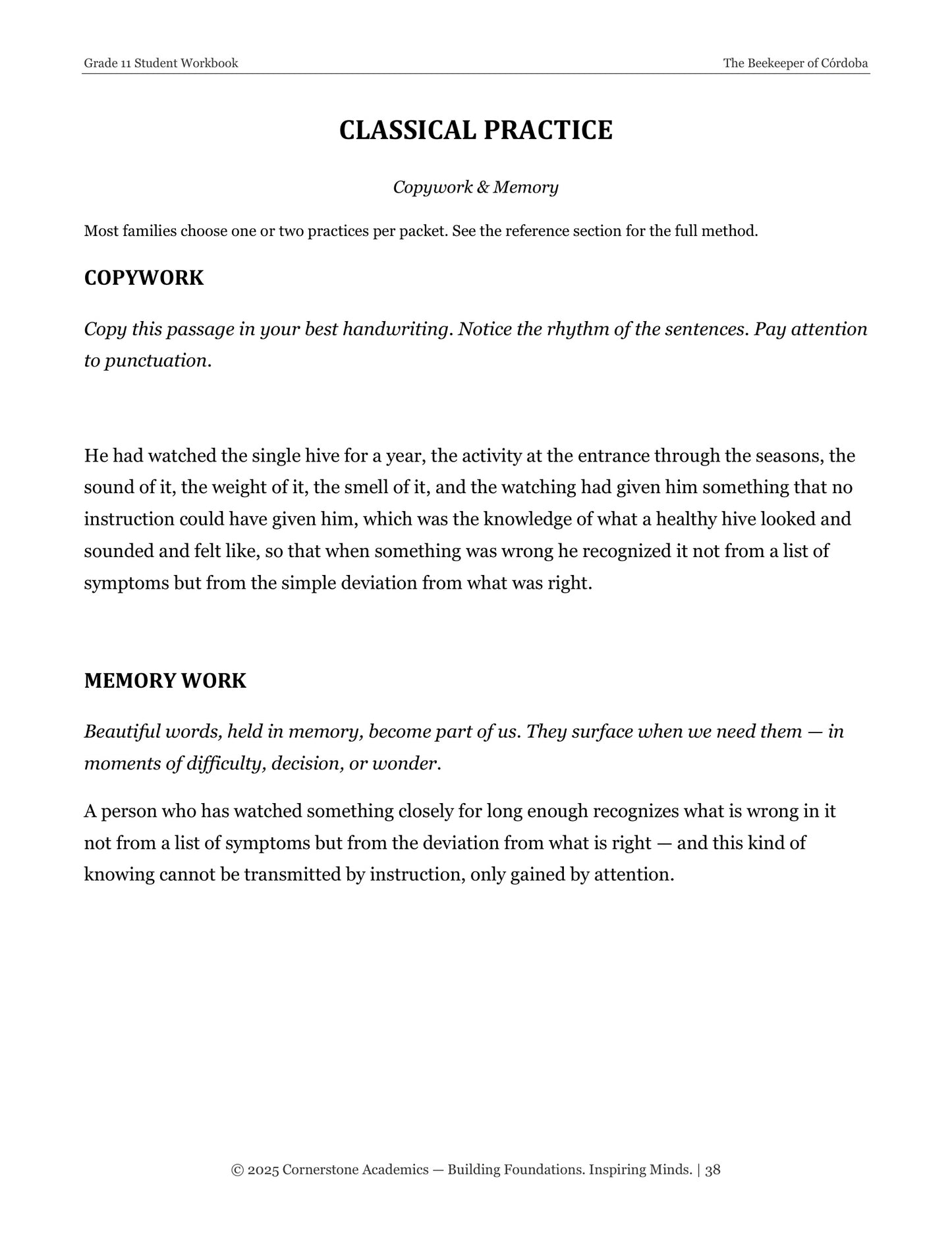 The Beekeeper of Córdoba | Grade 11 Classical Literature Packet | Cornerstone Academics