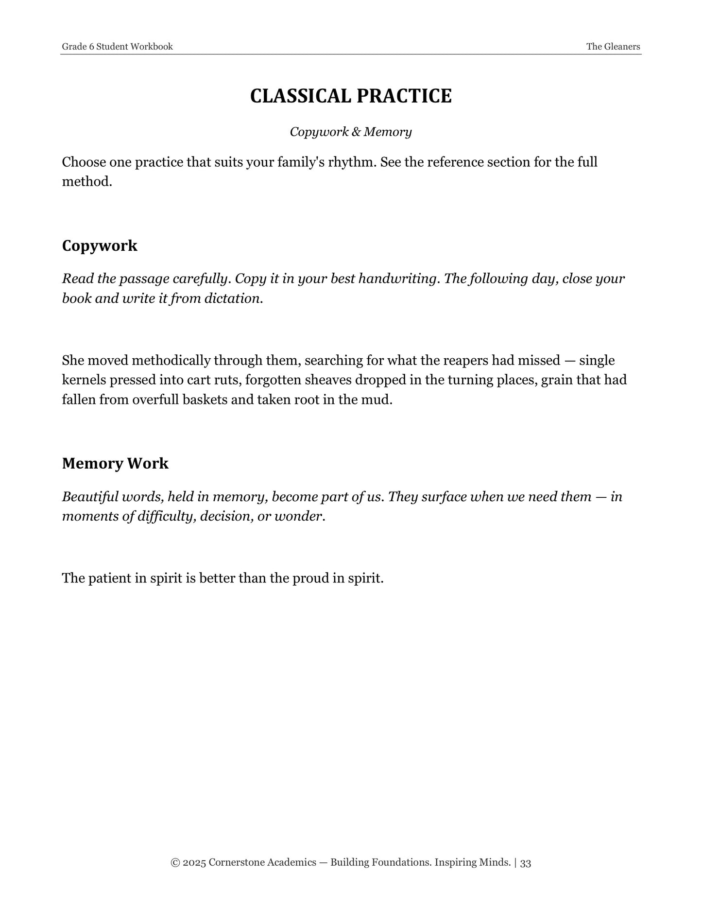 The Gleaners | Grade 6 Classical Literature Packet | Cornerstone Academics