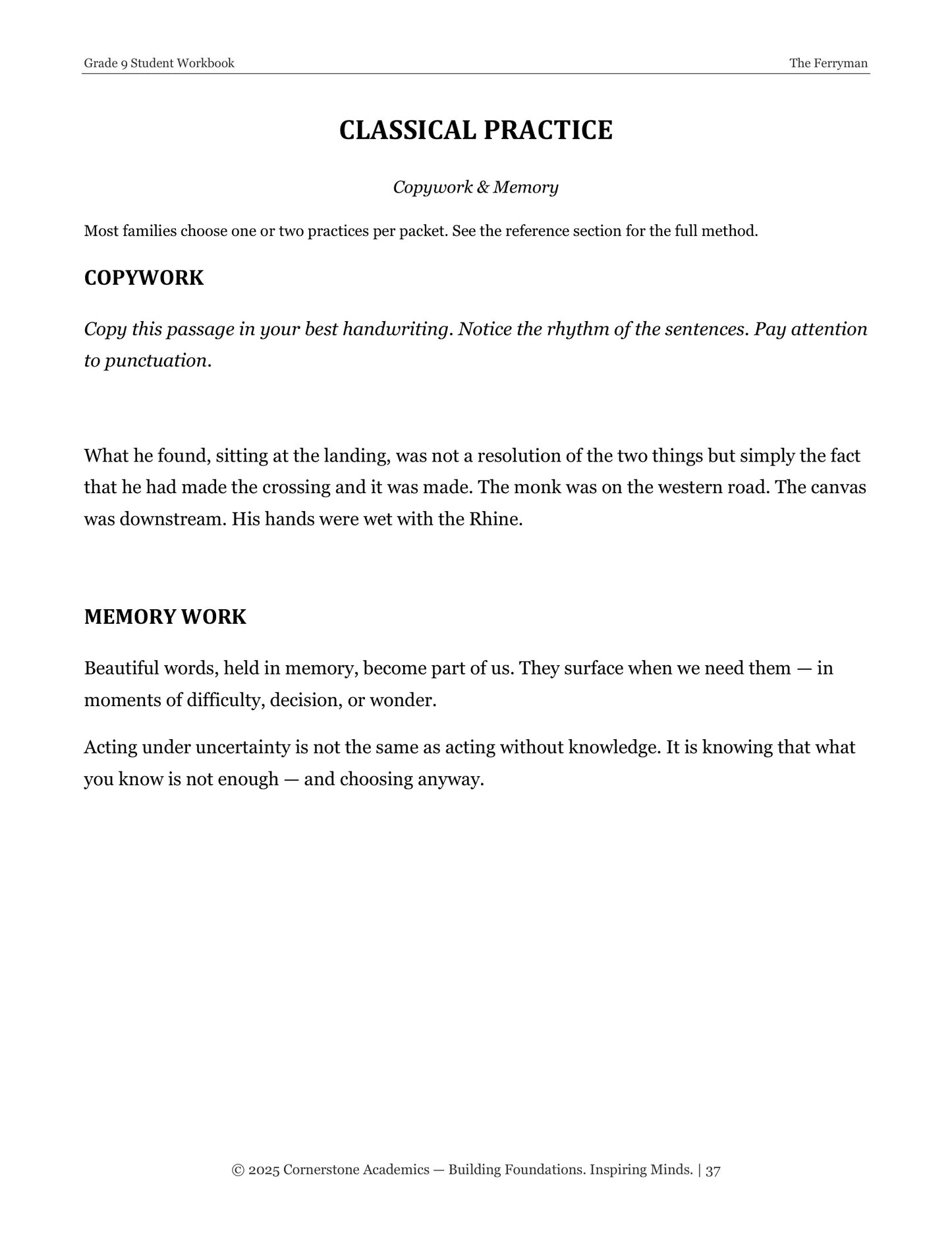 The Ferryman | Grade 9 Classical Literature Packet | Cornerstone Academics