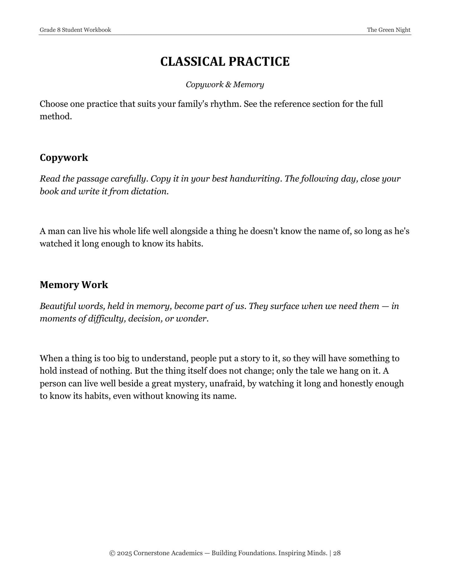 The Green Night | Grade 8 Classical Literature Packet | Cornerstone Academics