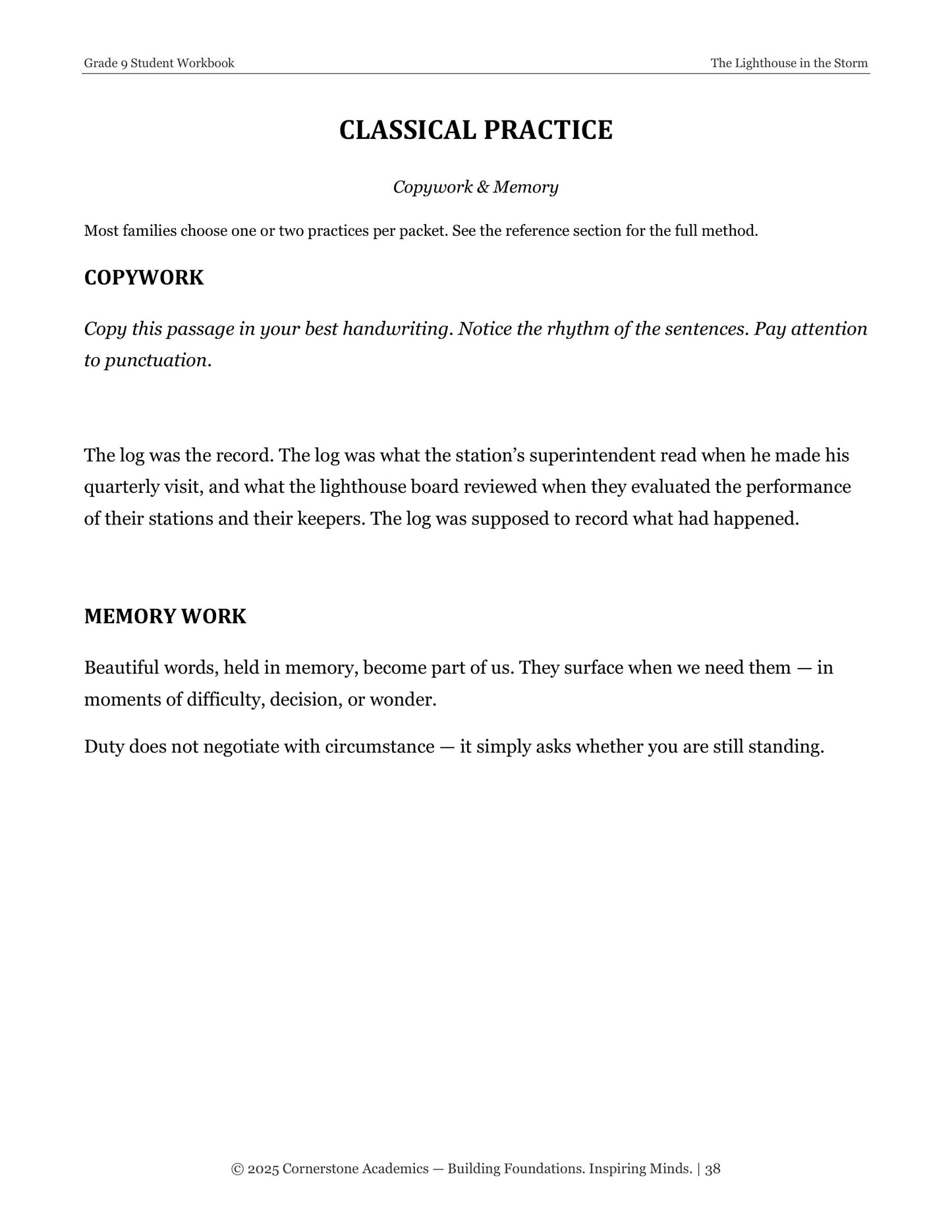 The Lighthouse in the Storm | Grade 9 Classical Literature Packet | Cornerstone Academics
