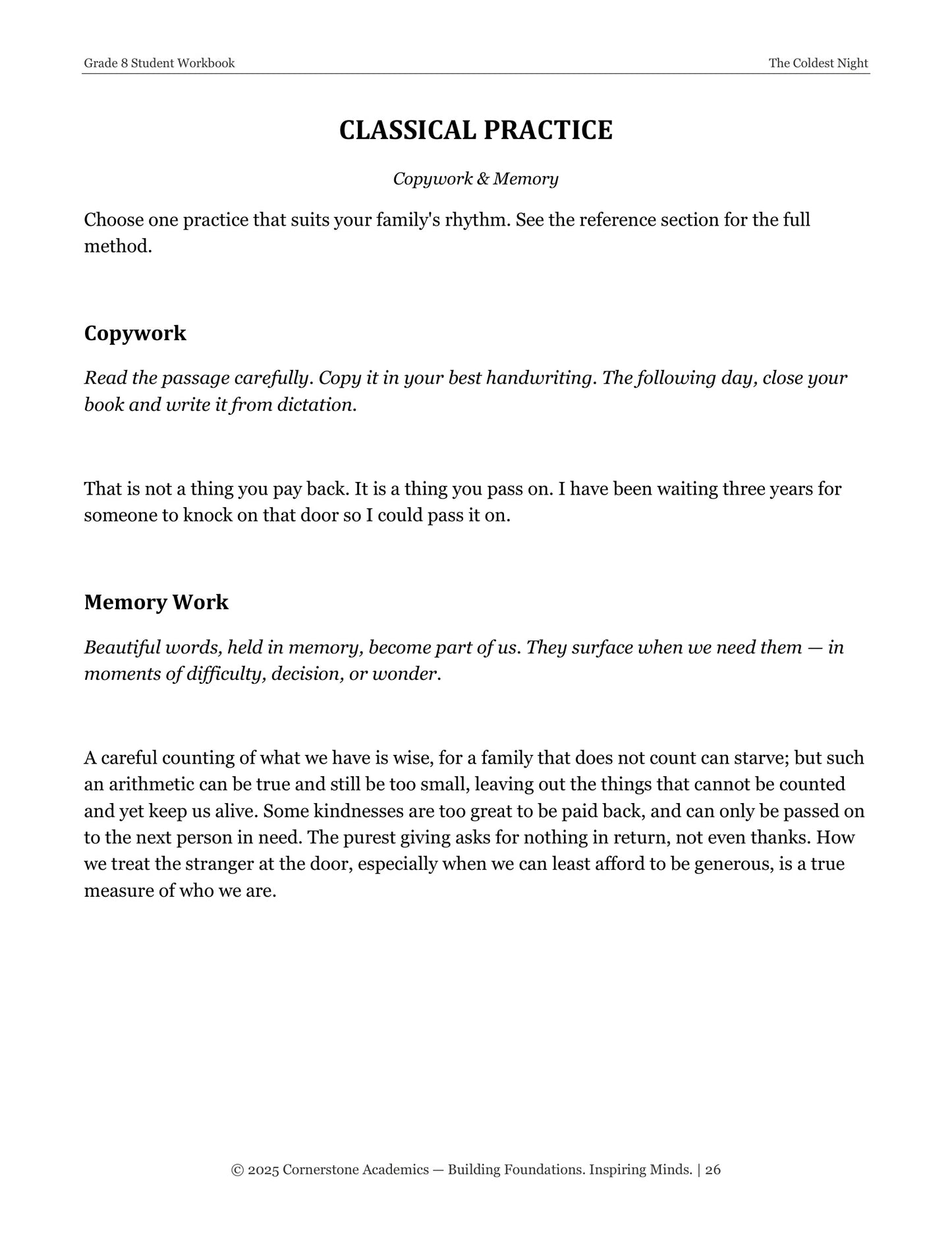 The Coldest Night | Grade 8 Classical Literature Packet | Cornerstone Academics