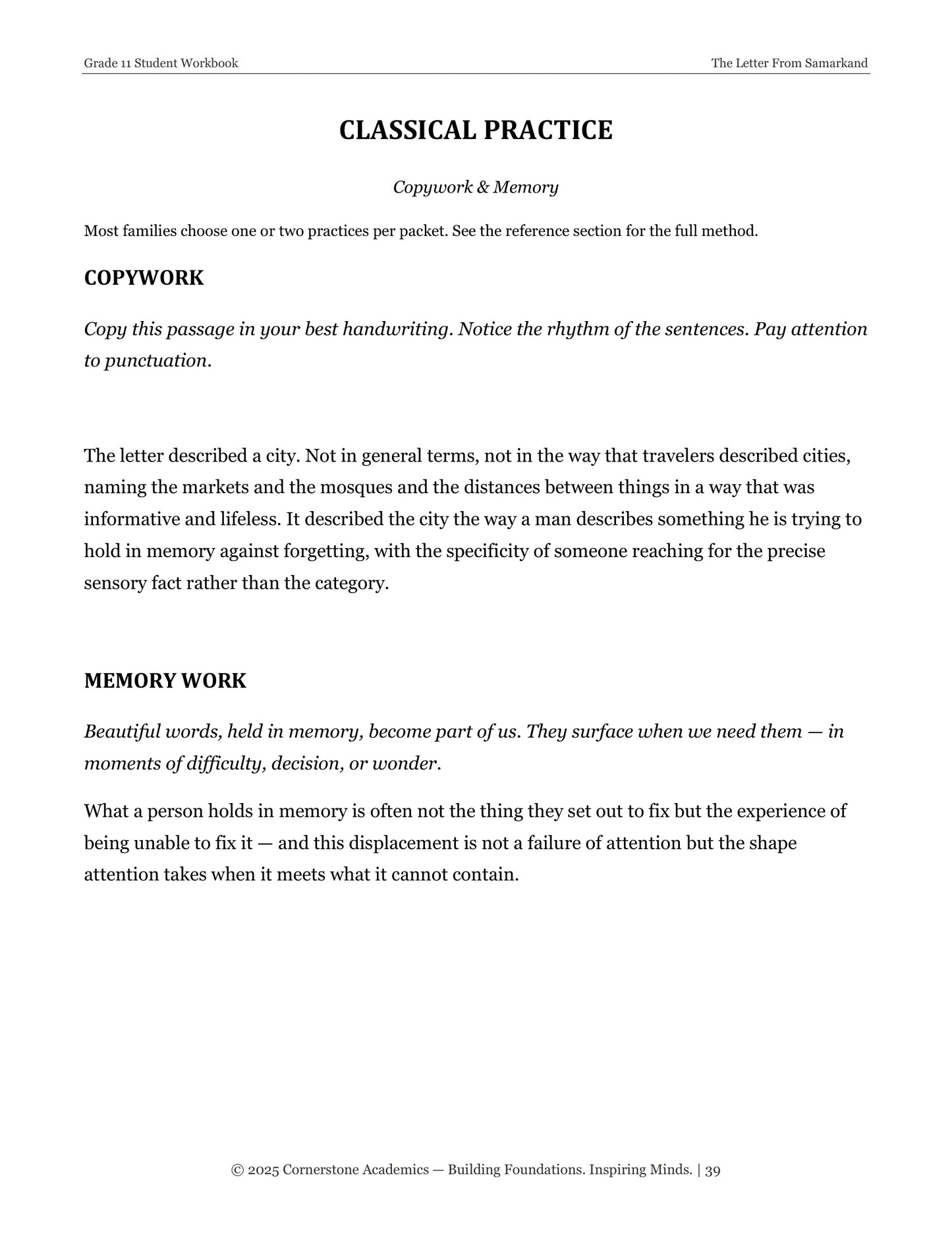 The Letter From Samarkand | Grade 11 Classical Literature Packet | Cornerstone Academics
