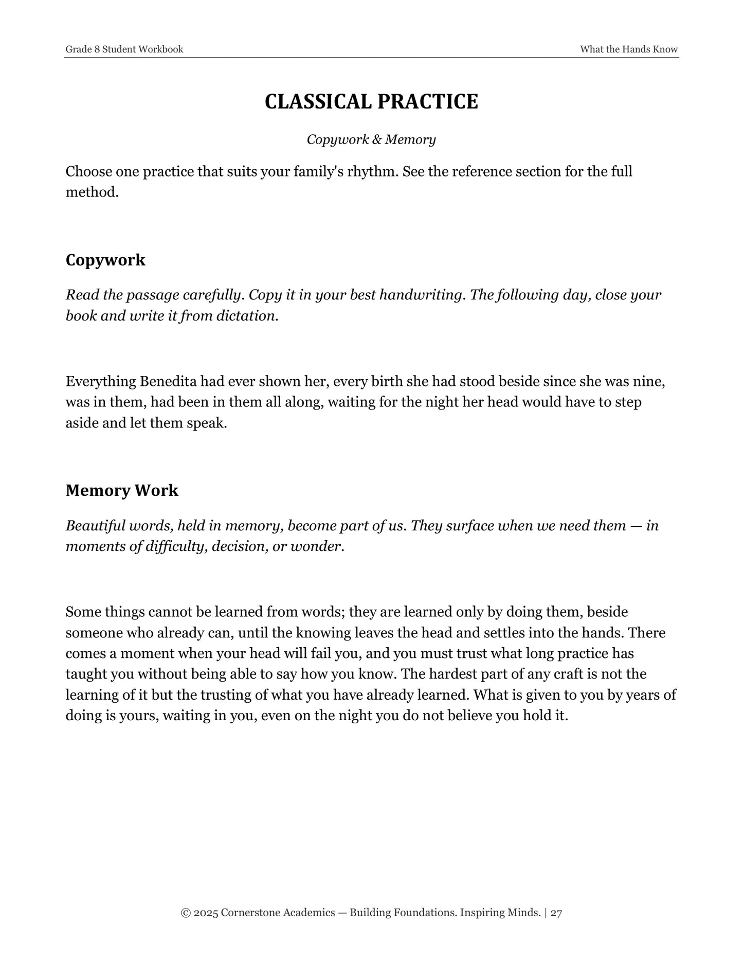 What the Hands Know | Grade 8 Classical Literature Packet | Cornerstone Academics
