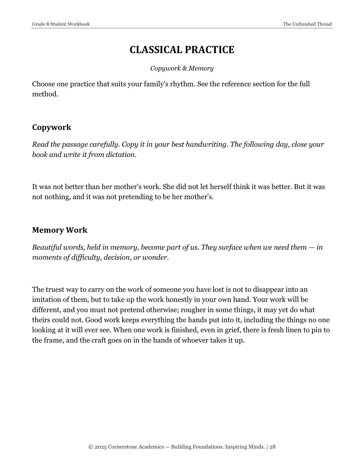 The Unfinished Thread | Grade 8 Classical Literature Packet | Cornerstone Academics