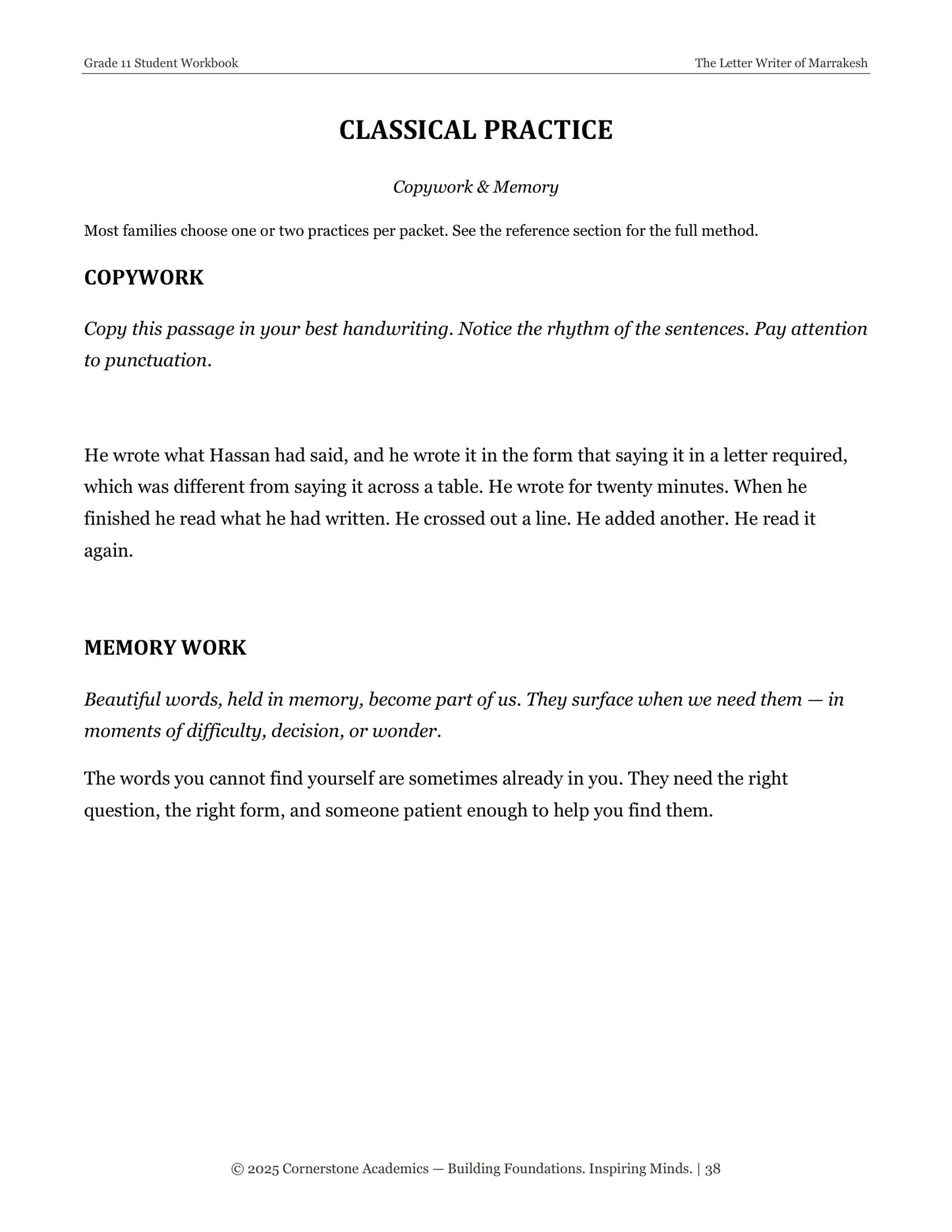 The Letter Writer of Marrakesh | Grade 11 Classical Literature Packet | Cornerstone Academics