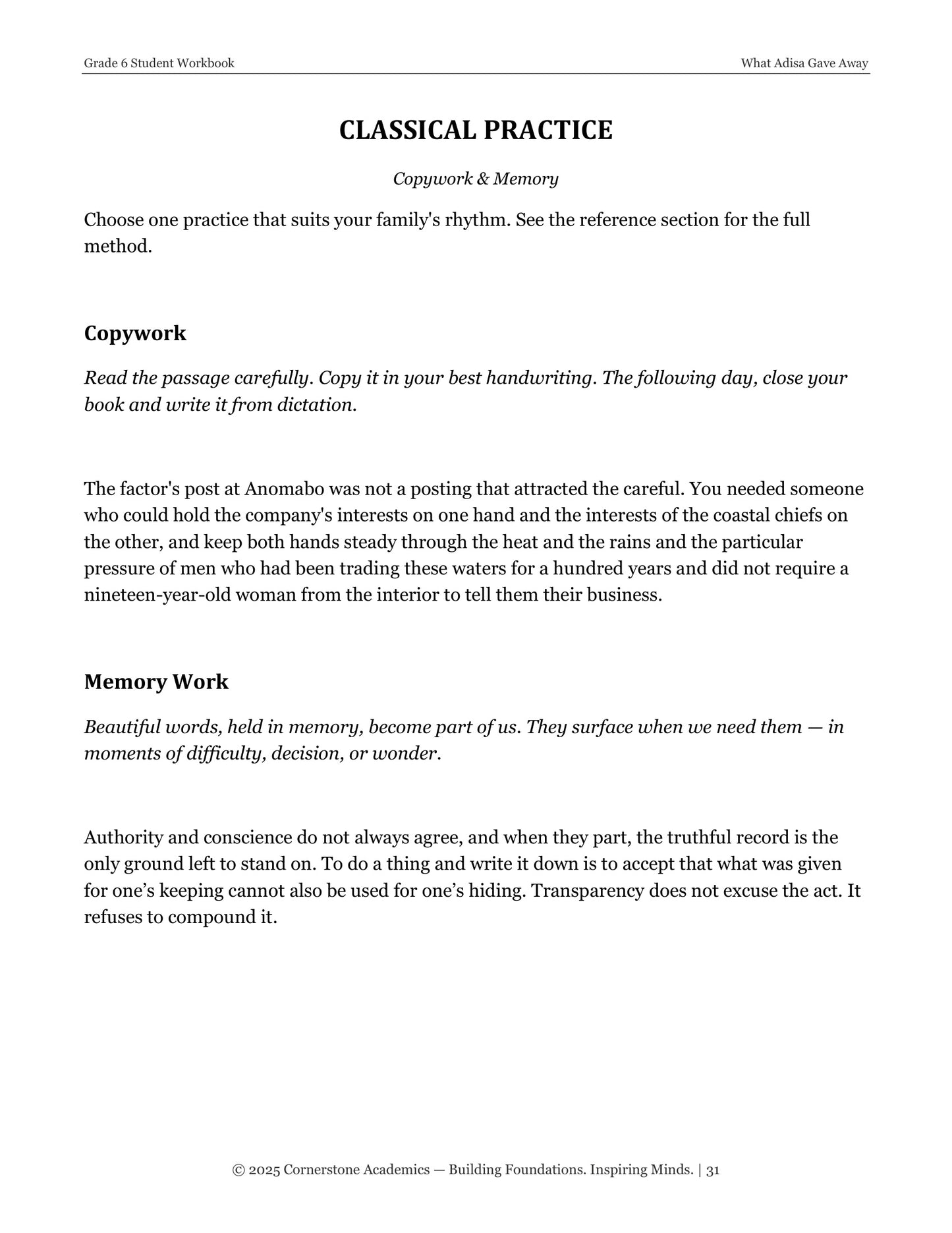 What Adisa Gave Away | Grade 6 Classical Literature Packet | Cornerstone Academics
