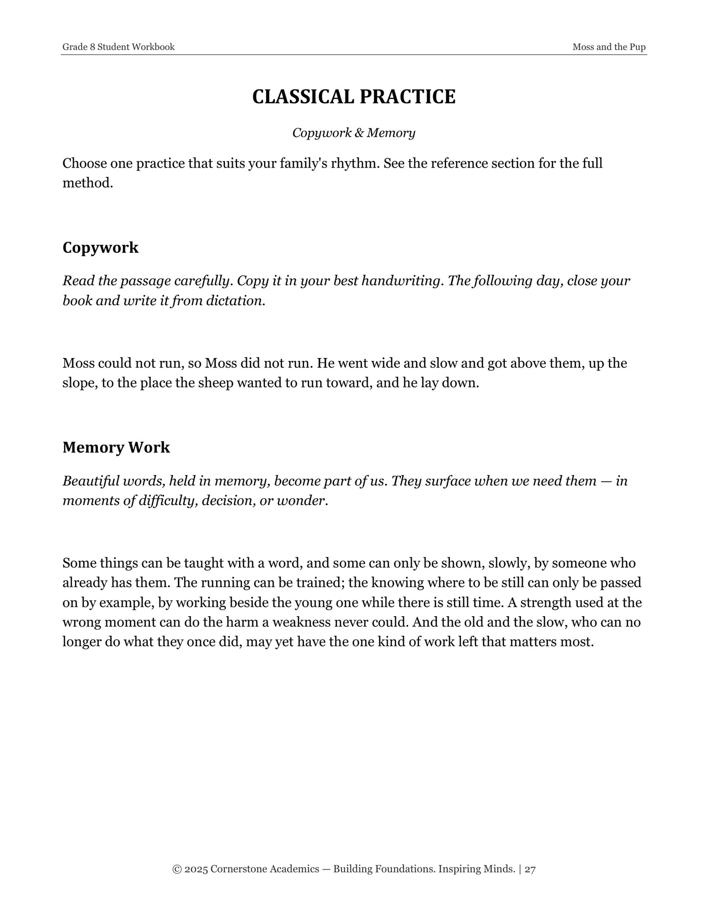 Moss and the Pup | Grade 8 Classical Literature Packet | Cornerstone Academics