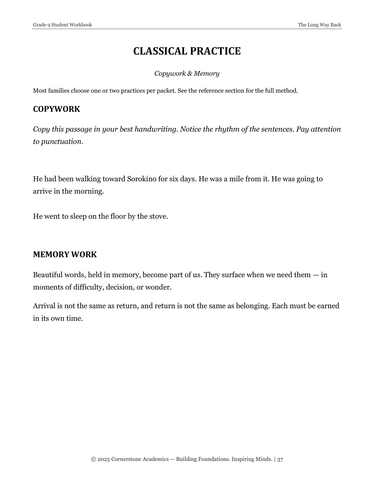 The Long Way Back | Grade 9 Classical Literature Packet | Cornerstone Academics