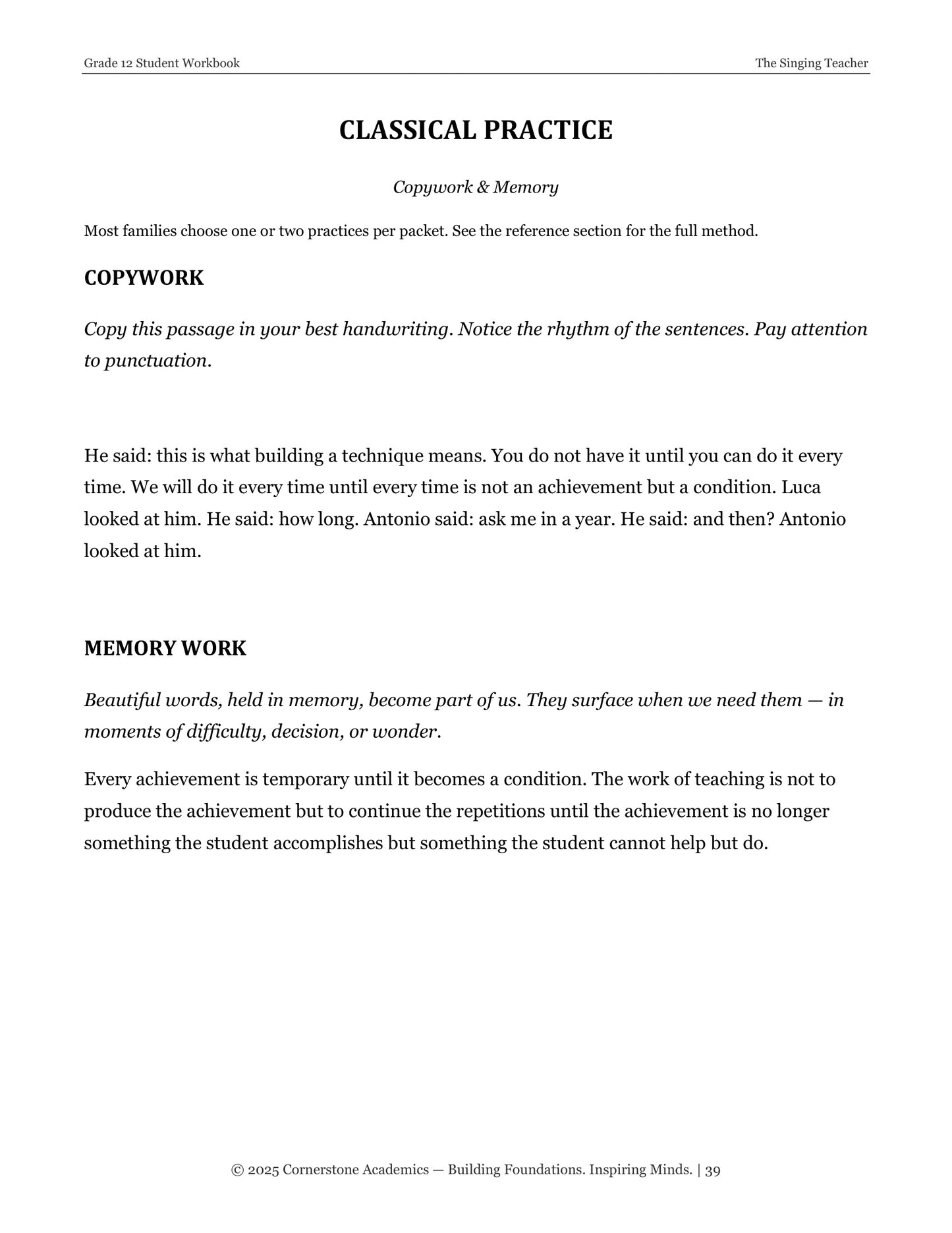 The Singing Teacher | Grade 12 Classical Literature Packet | Cornerstone Academics