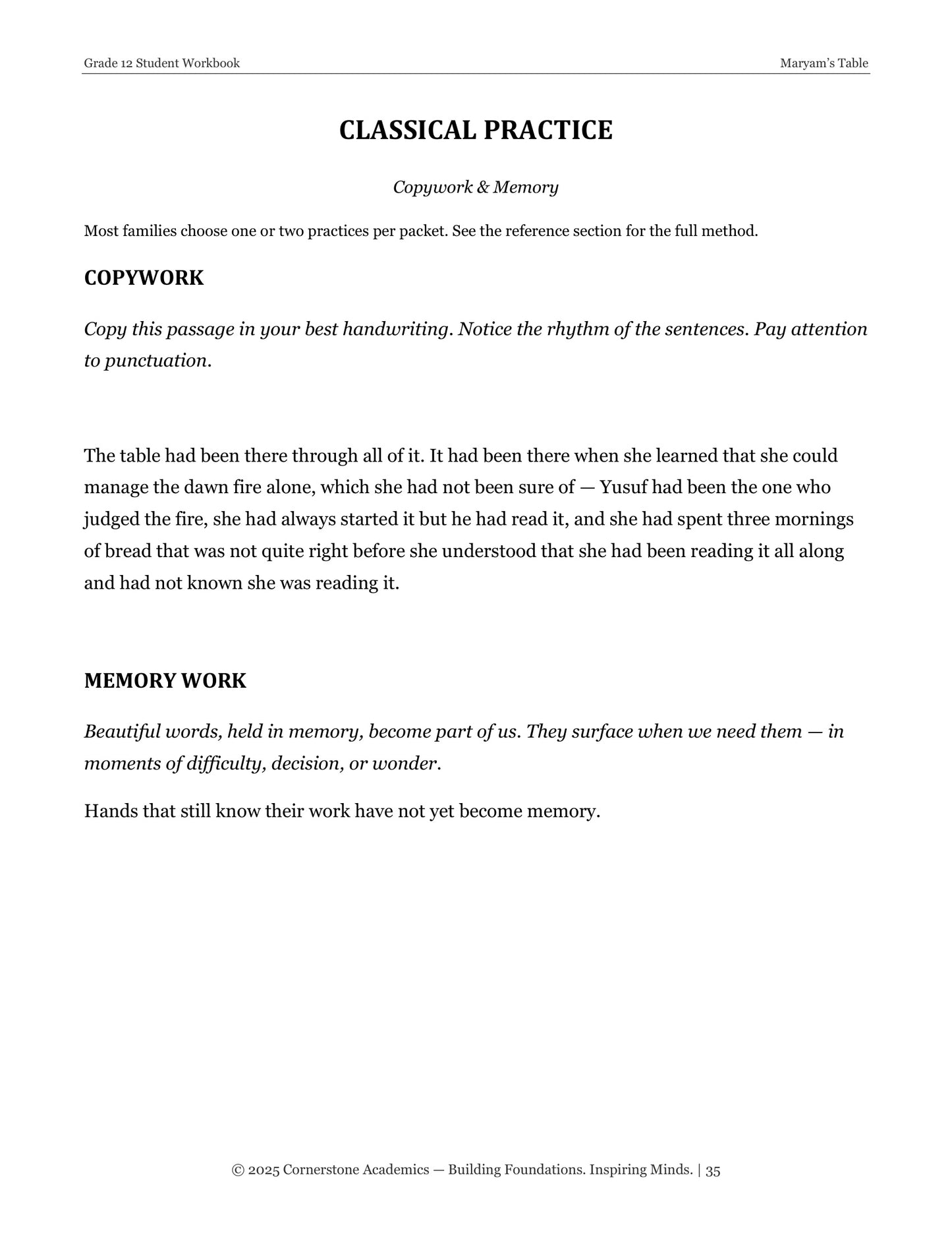 Maryam’s Table | Grade 12 Classical Literature Packet | Cornerstone Academics