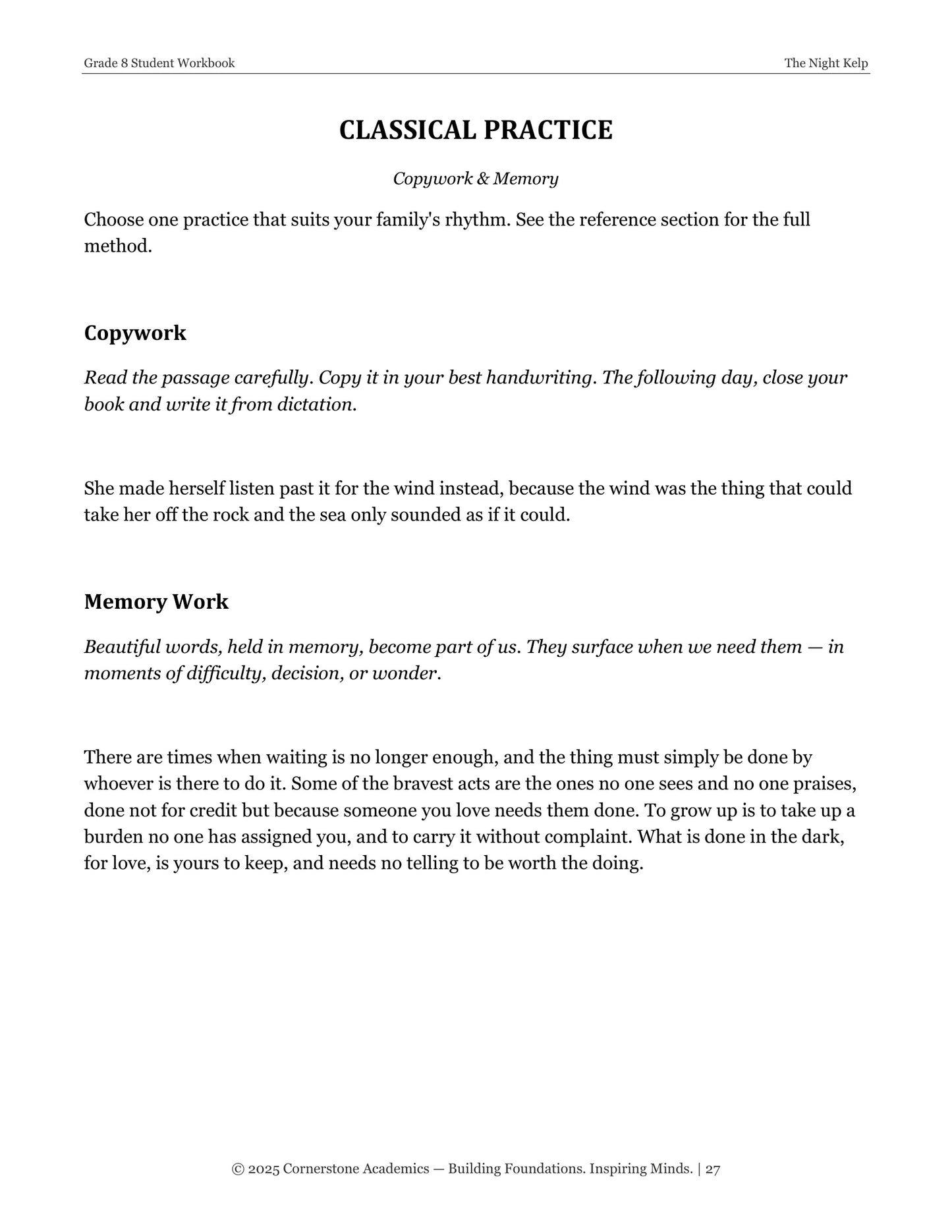 The Night Kelp | Grade 8 Classical Literature Packet | Cornerstone Academics