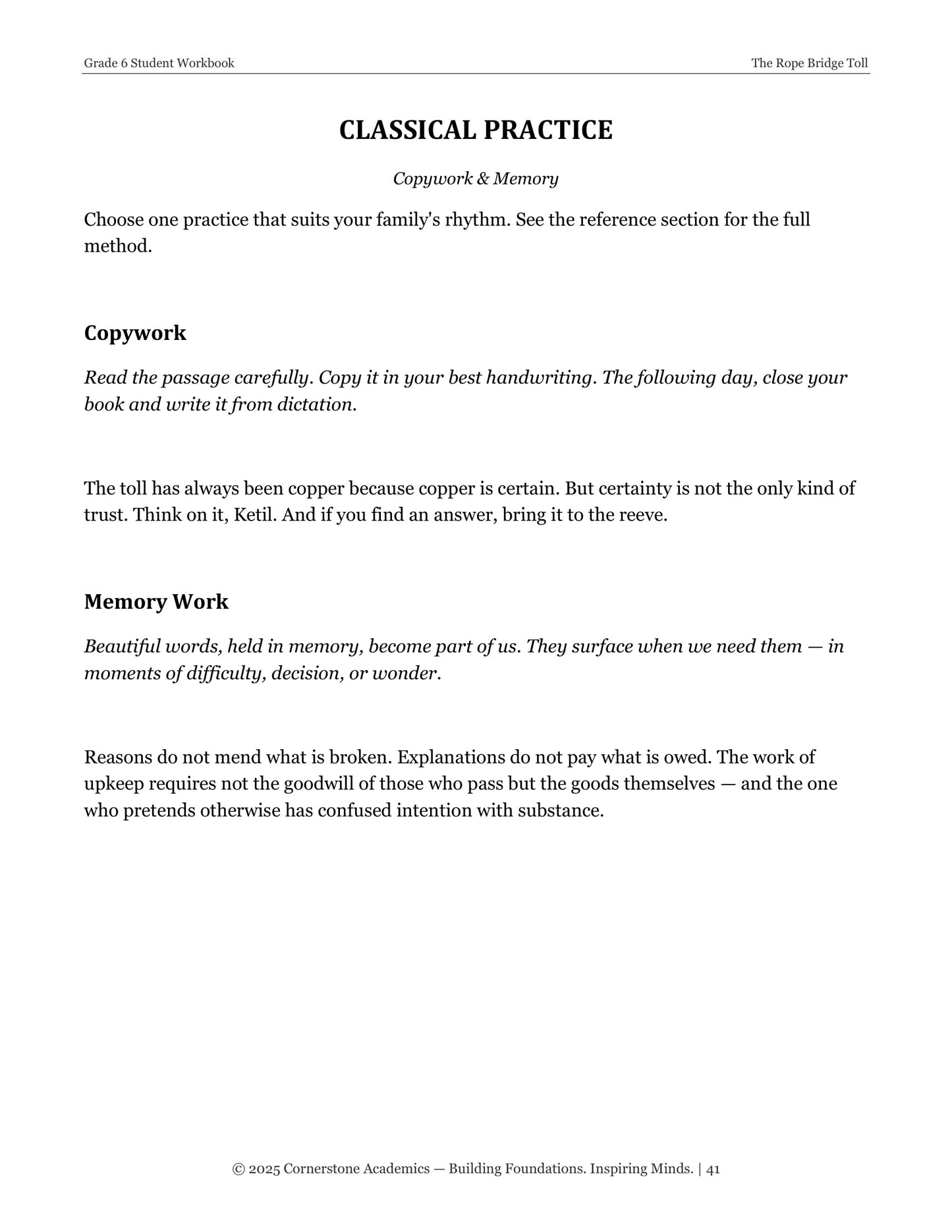 The Rope Bridge Toll | Grade 6 Classical Literature Packet | Cornerstone Academics