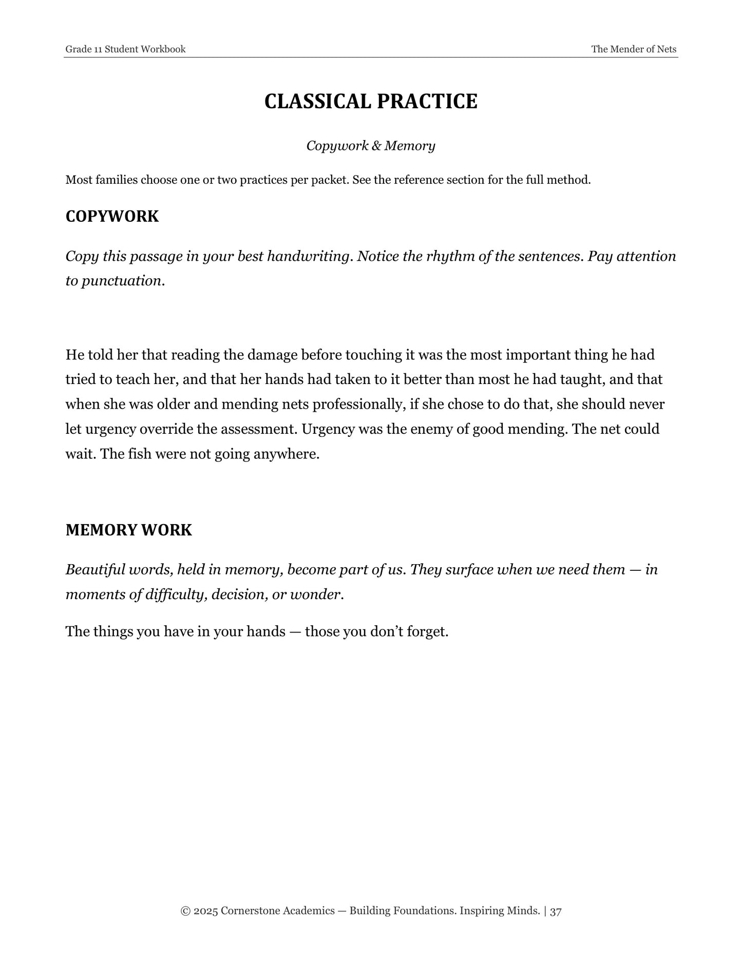 The Mender of Nets | Grade 11 Classical Literature Packet | Cornerstone Academics