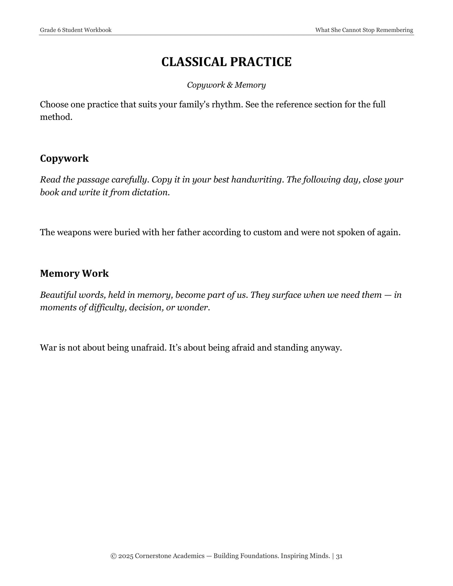 What She Cannot Stop Remembering | Grade 6 Classical Literature Packet | Cornerstone Academics