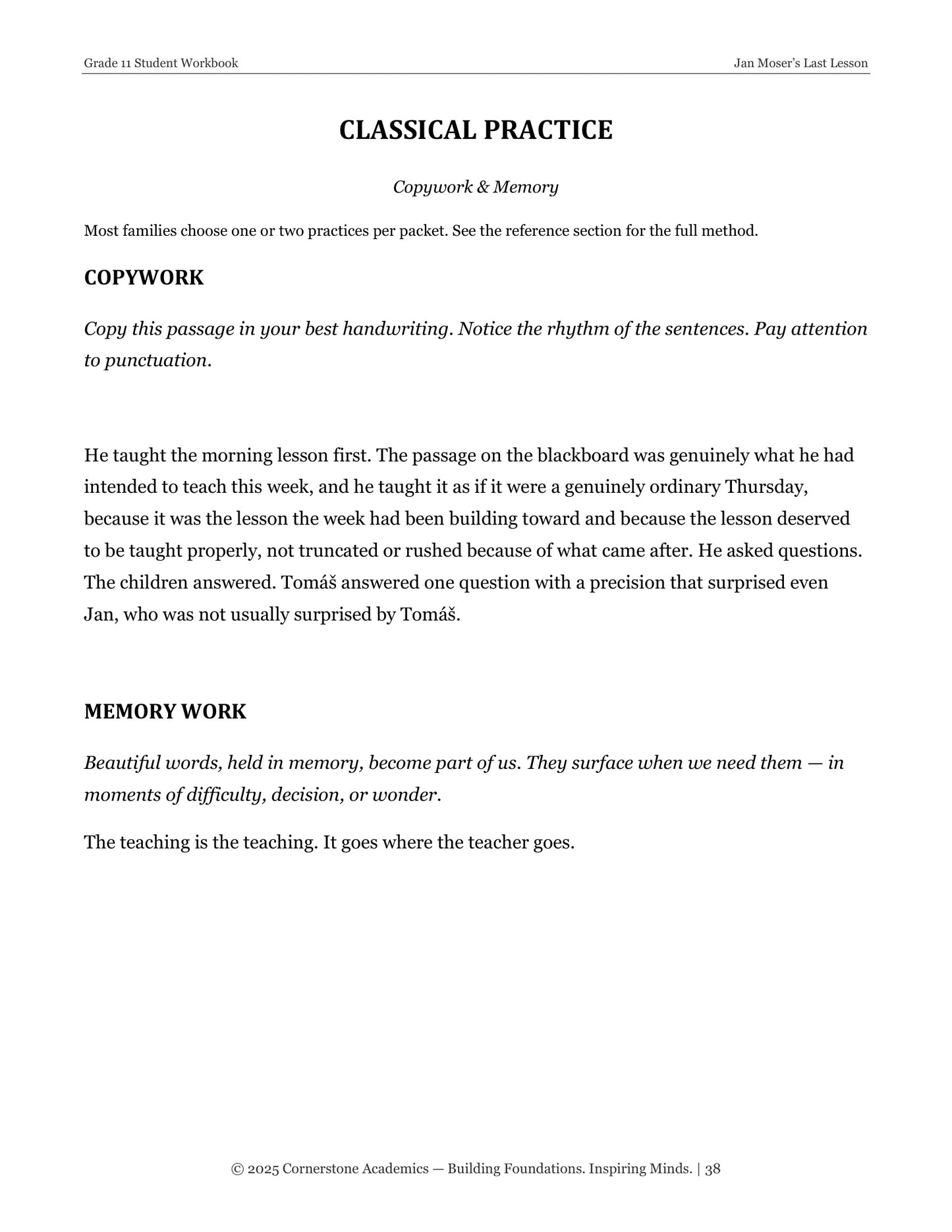 Jan Moser's Last Lesson | Grade 11 Classical Literature Packet | Cornerstone Academics
