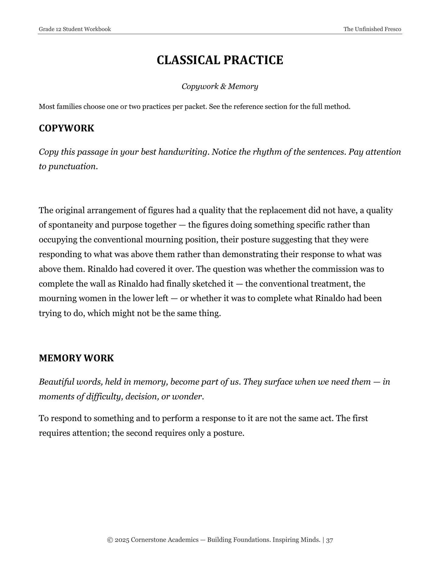 The Unfinished Fresco | Grade 12 Classical Literature Packet | Cornerstone Academics