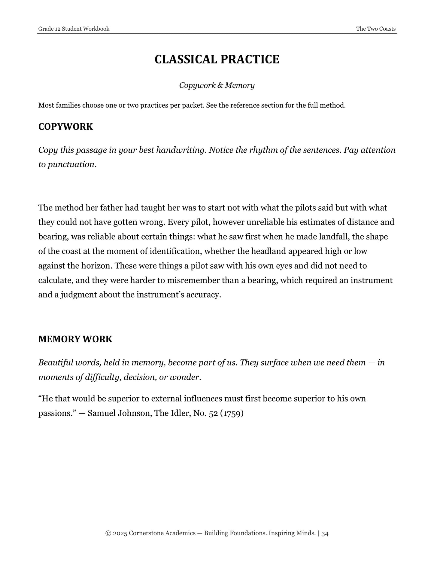The Two Coasts | Grade 12 Classical Literature Packet | Cornerstone Academics