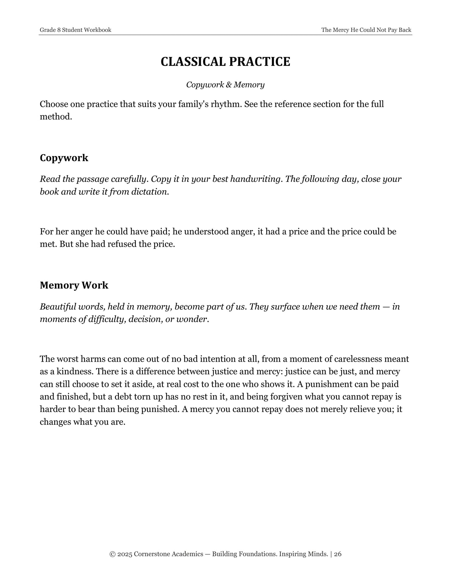The Mercy He Could Not Pay Back | Grade 8 Classical Literature Packet | Cornerstone Academics