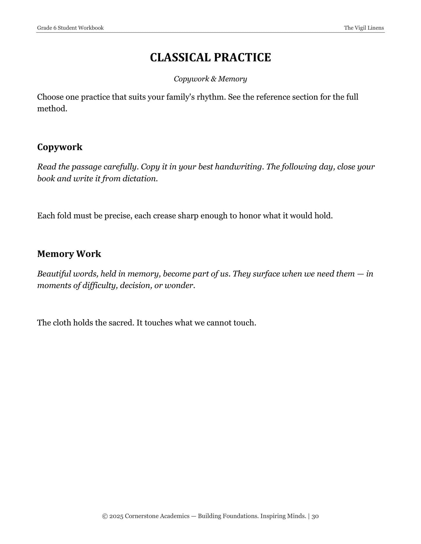 The Vigil Linens | Grade 6 Classical Literature Packet | Cornerstone Academics