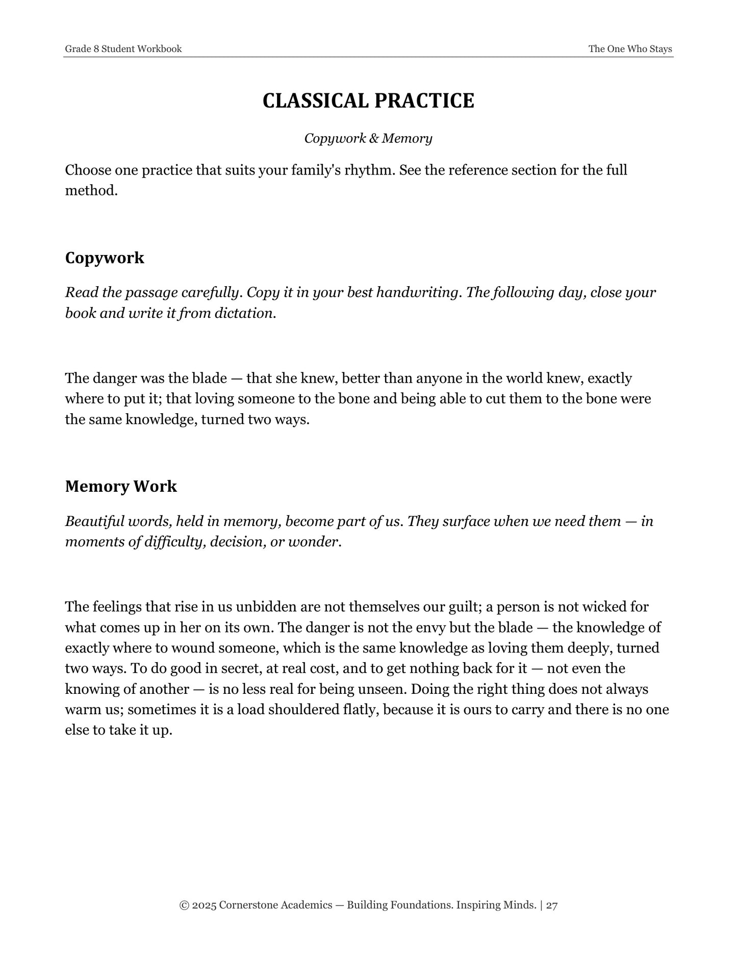 The One Who Stays | Grade 8 Classical Literature Packet | Cornerstone Academics