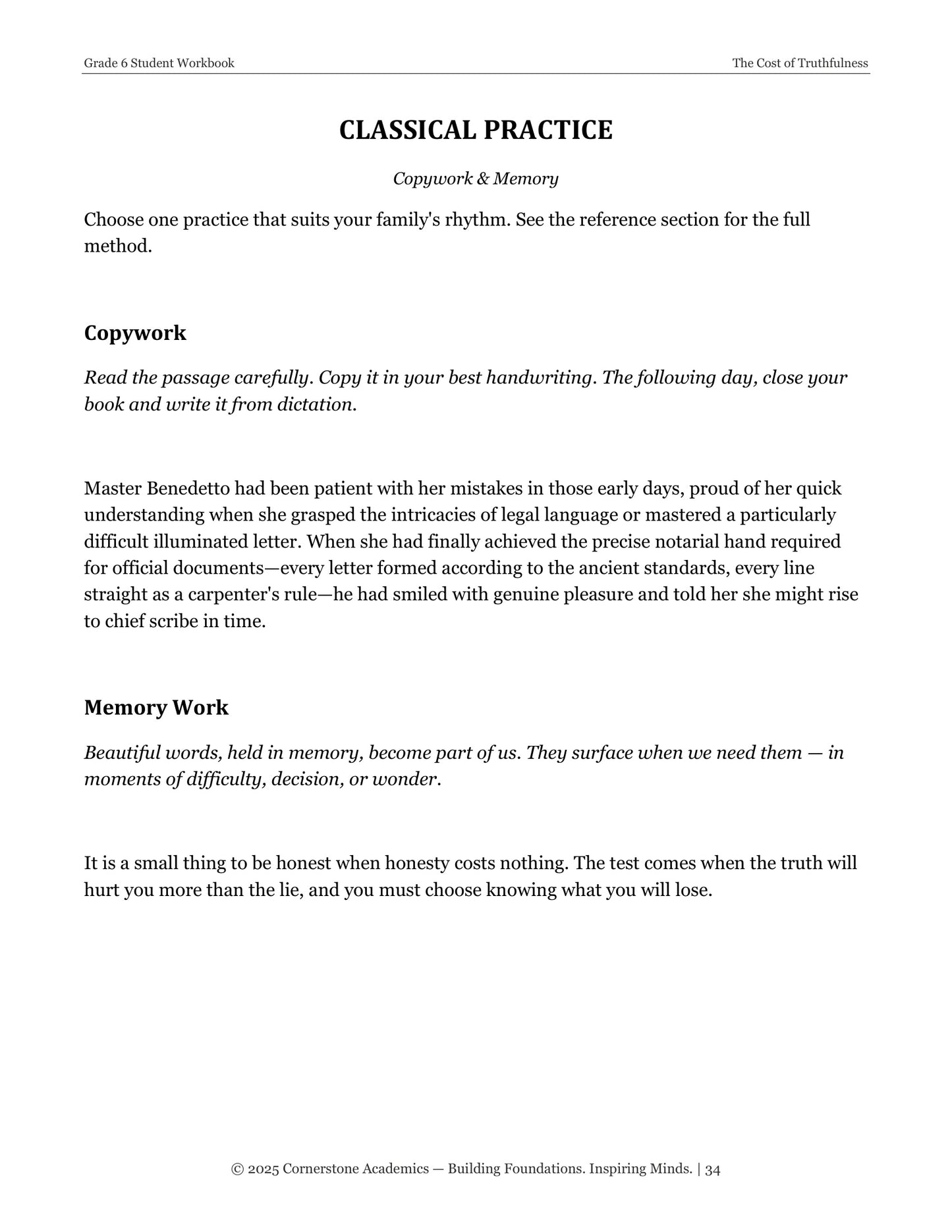 The Cost of Truthfulness | Grade 6 Classical Literature Packet | Cornerstone Academics