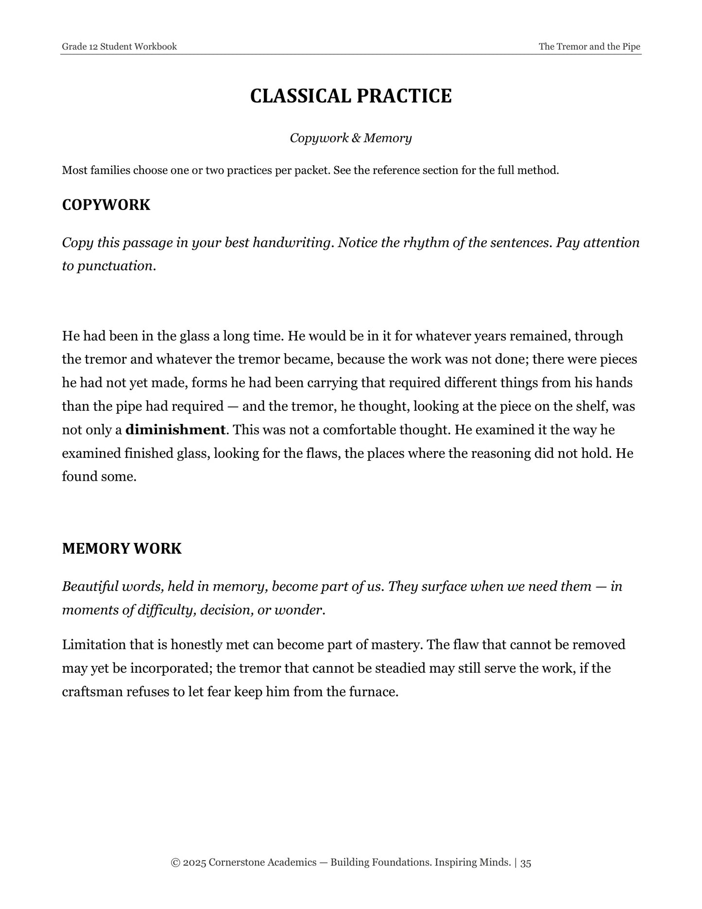 The Tremor and the Pipe | Grade 12 Classical Literature Packet | Cornerstone Academics