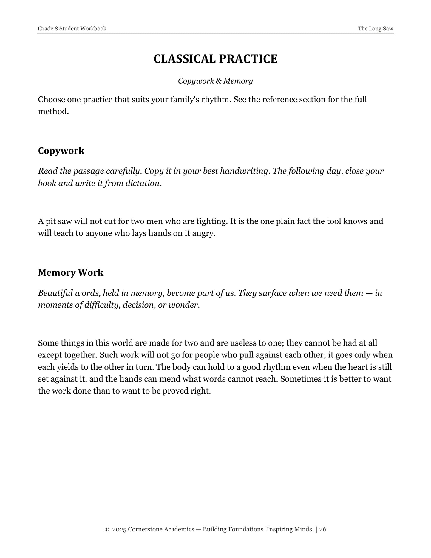 The Long Saw | Grade 8 Classical Literature Packet | Cornerstone Academics