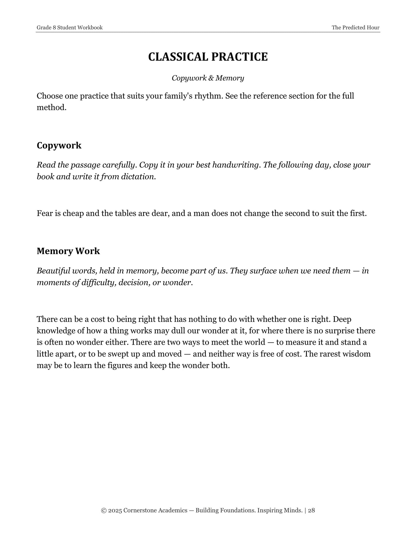 The Predicted Hour | Grade 8 Classical Literature Packet | Cornerstone Academics