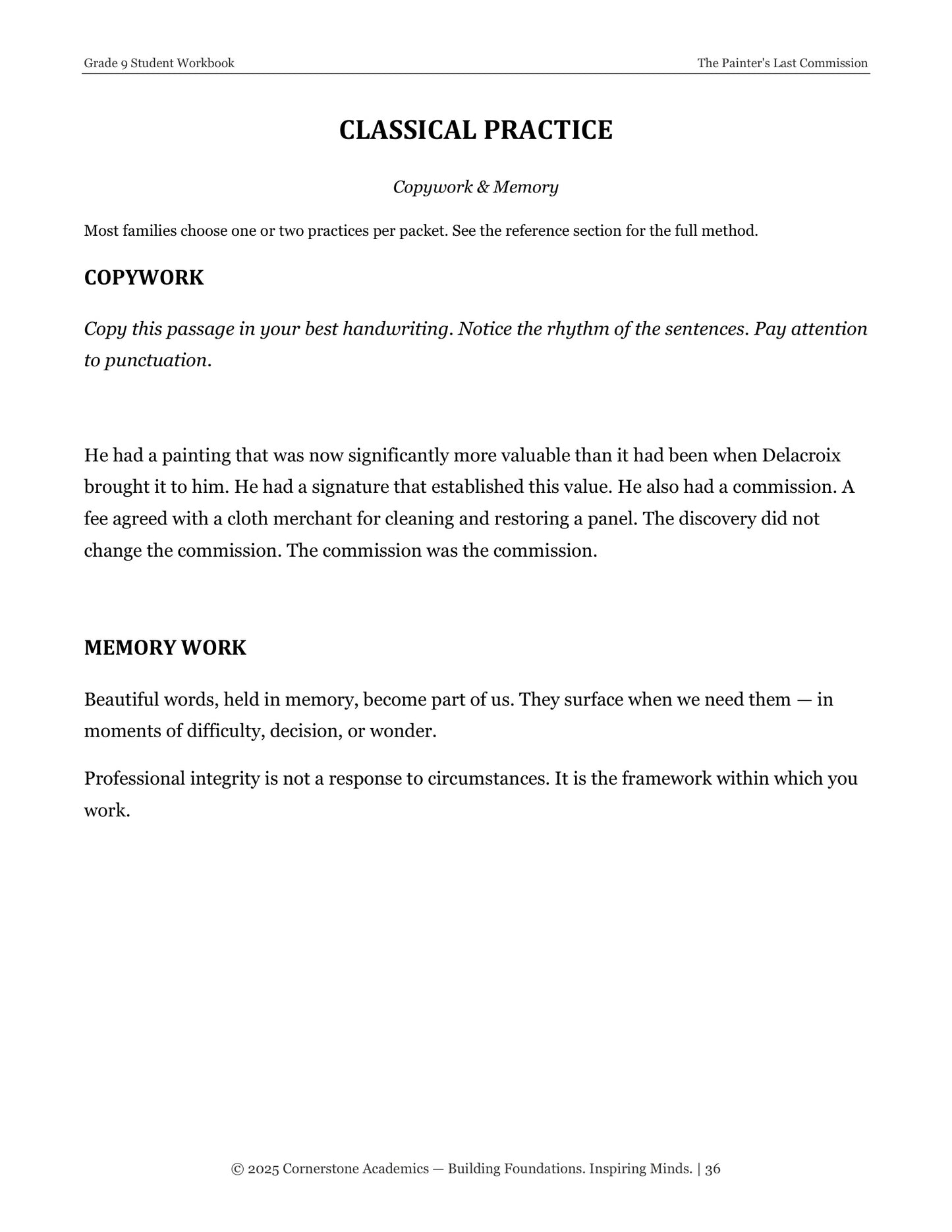 The Painter's Last Commission | Grade 9 Classical Literature Packet | Cornerstone Academics