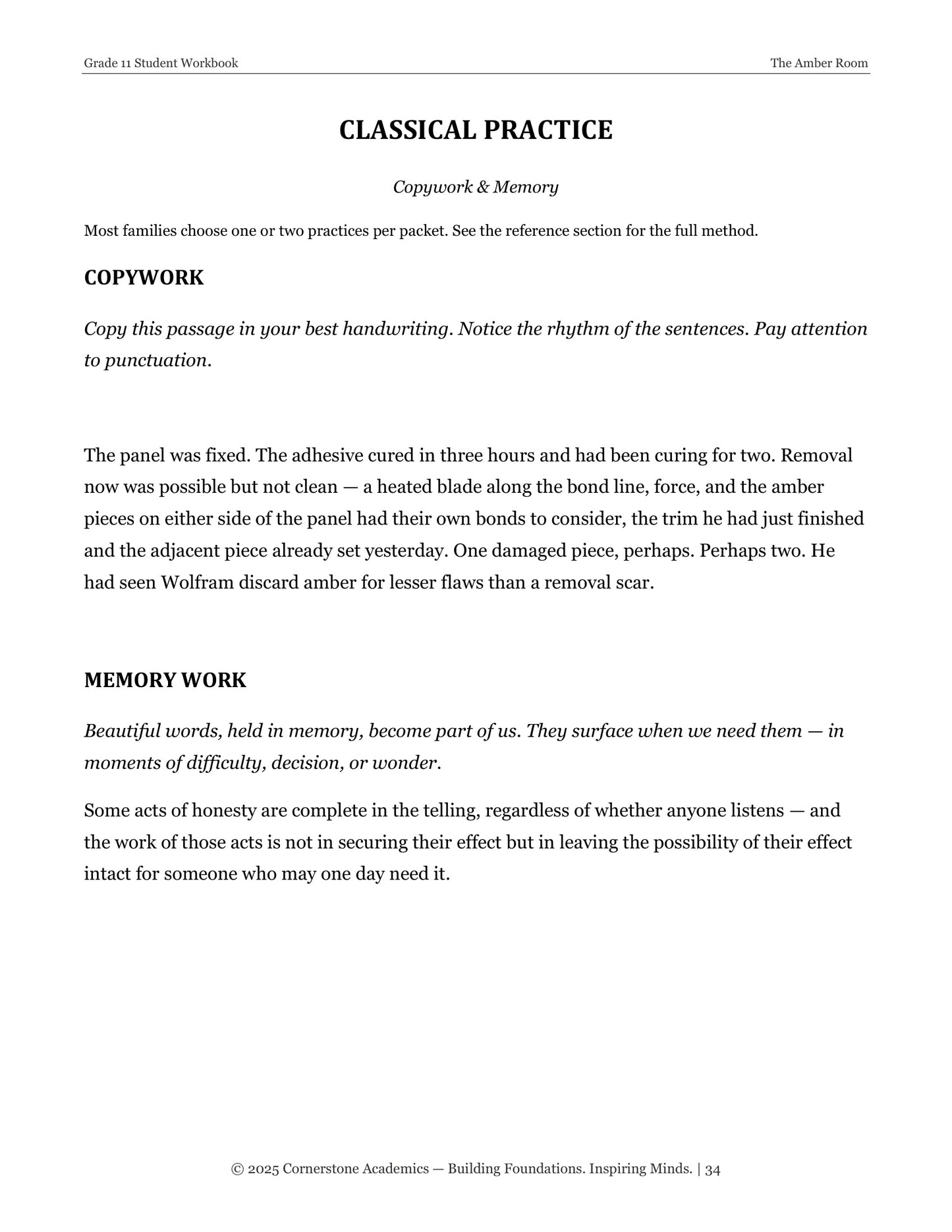 The Amber Room | Grade 11 Classical Literature Packet | Cornerstone Academics