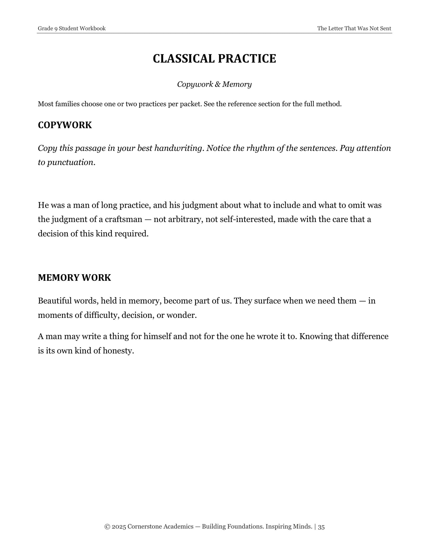 The Letter That Was Not Sent | Grade 9 Classical Literature Packet | Cornerstone Academics