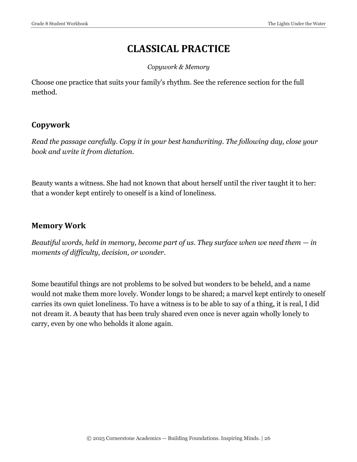 The Lights Under the Water | Grade 8 Classical Literature Packet | Cornerstone Academics