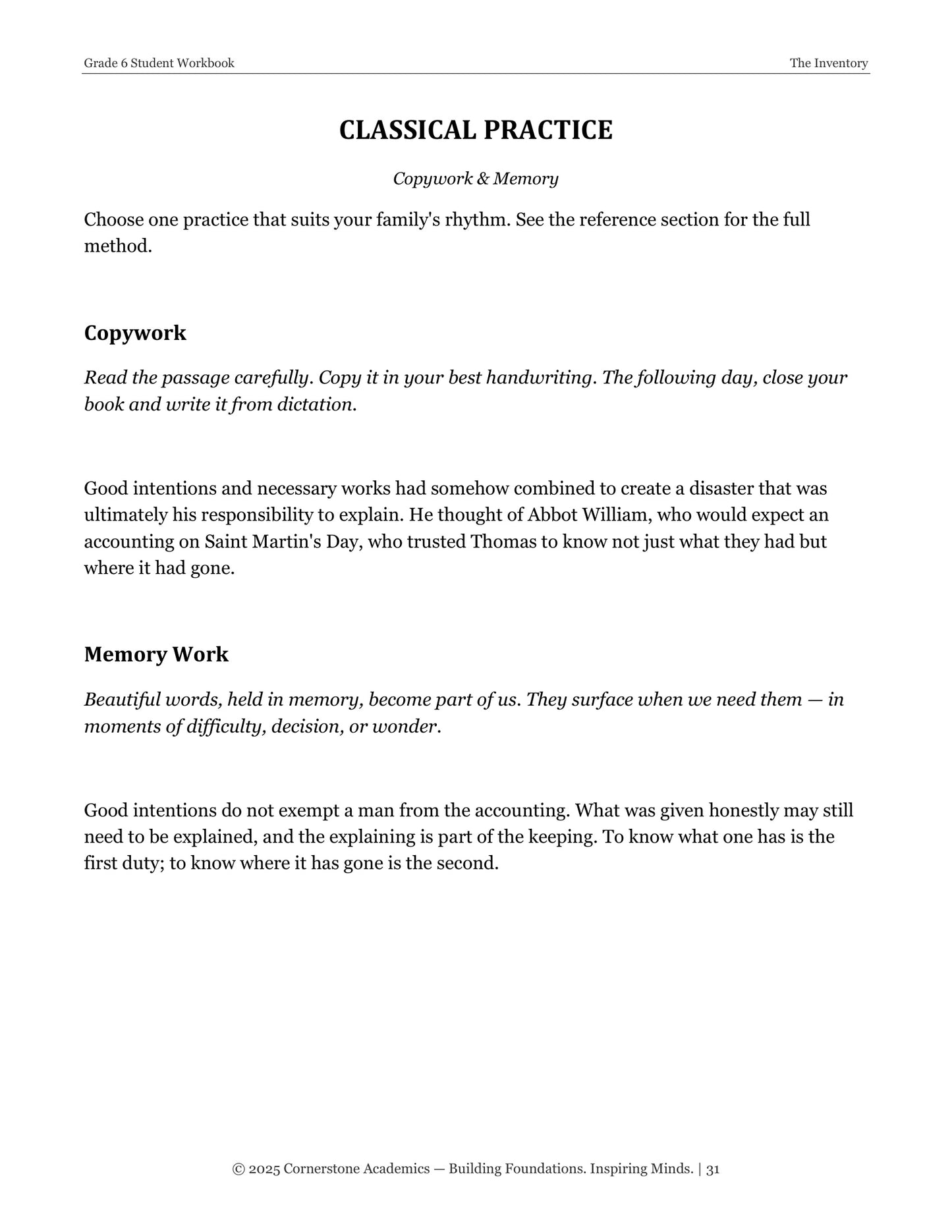 The Inventory | Grade 6 Classical Literature Packet | Cornerstone Academics